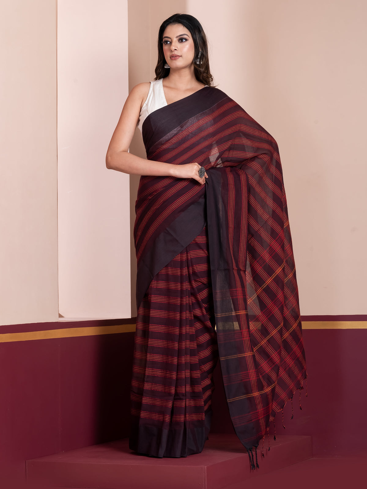 Cocoa striped khaadi cotton saree with breathable fabric by Shop AaMe