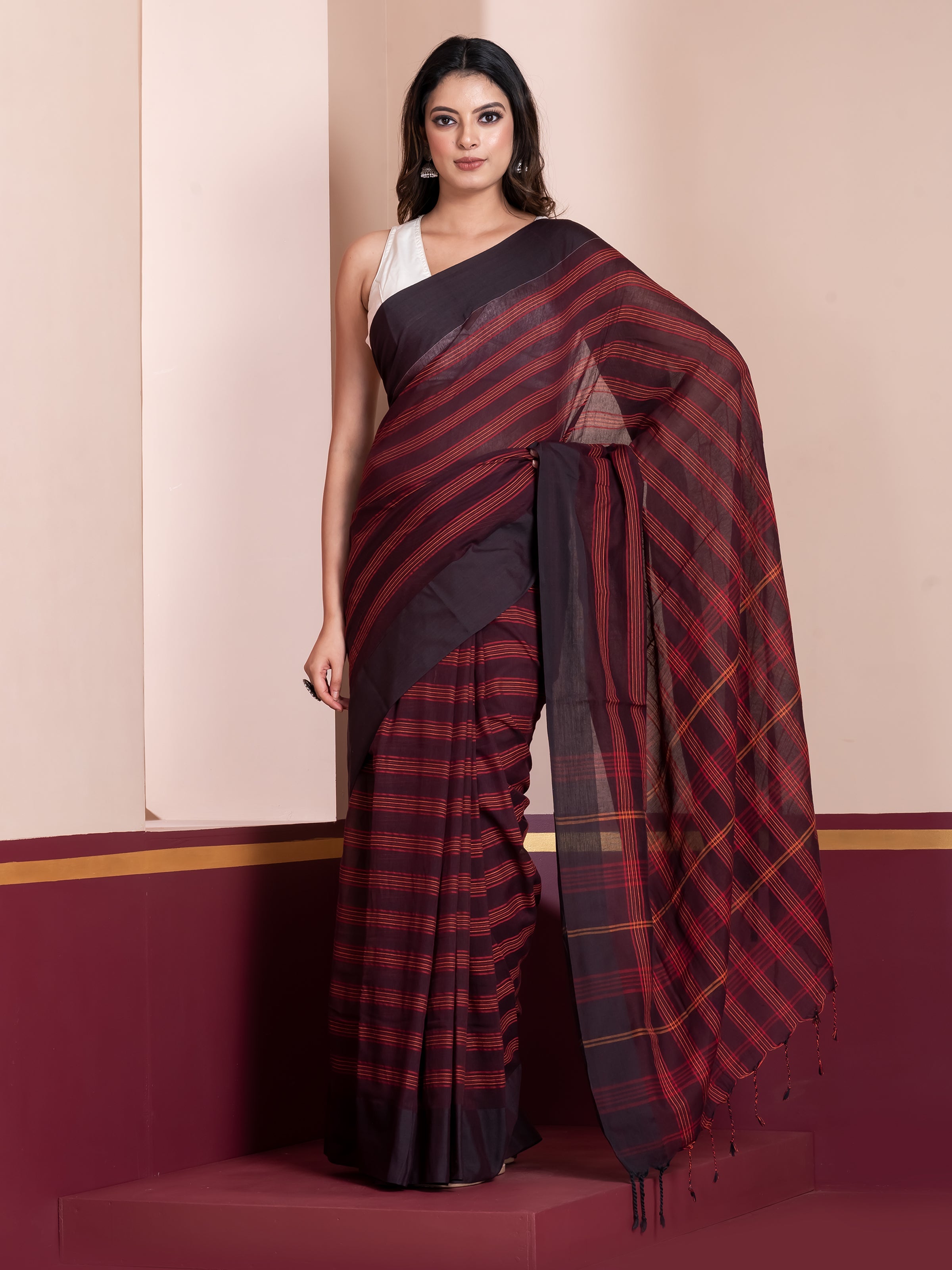 Clay Echo khaadi cotton saree featuring elegant stripe detailing