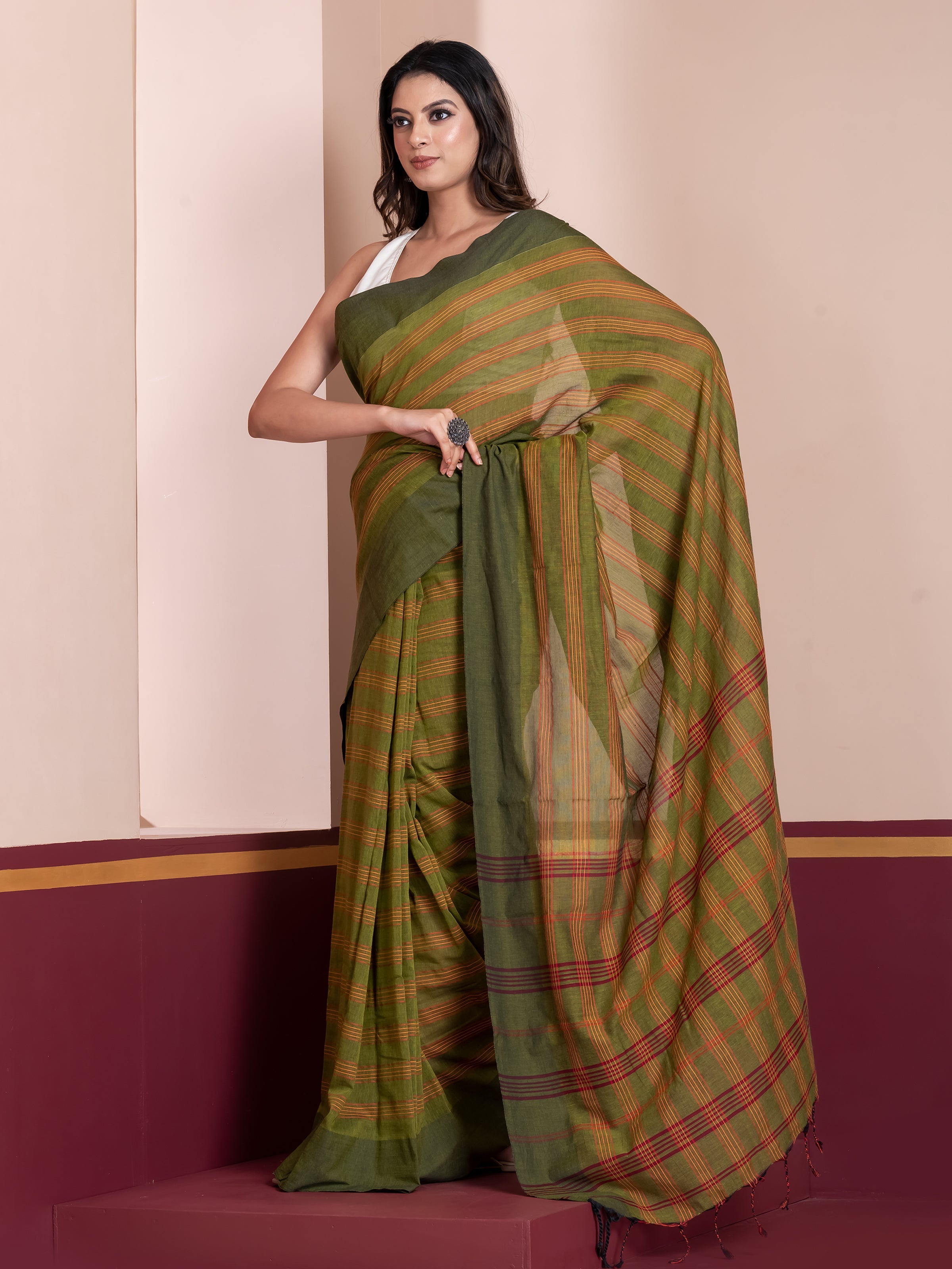 Meadow Mark khaadi cotton saree featuring refined stripe detailing