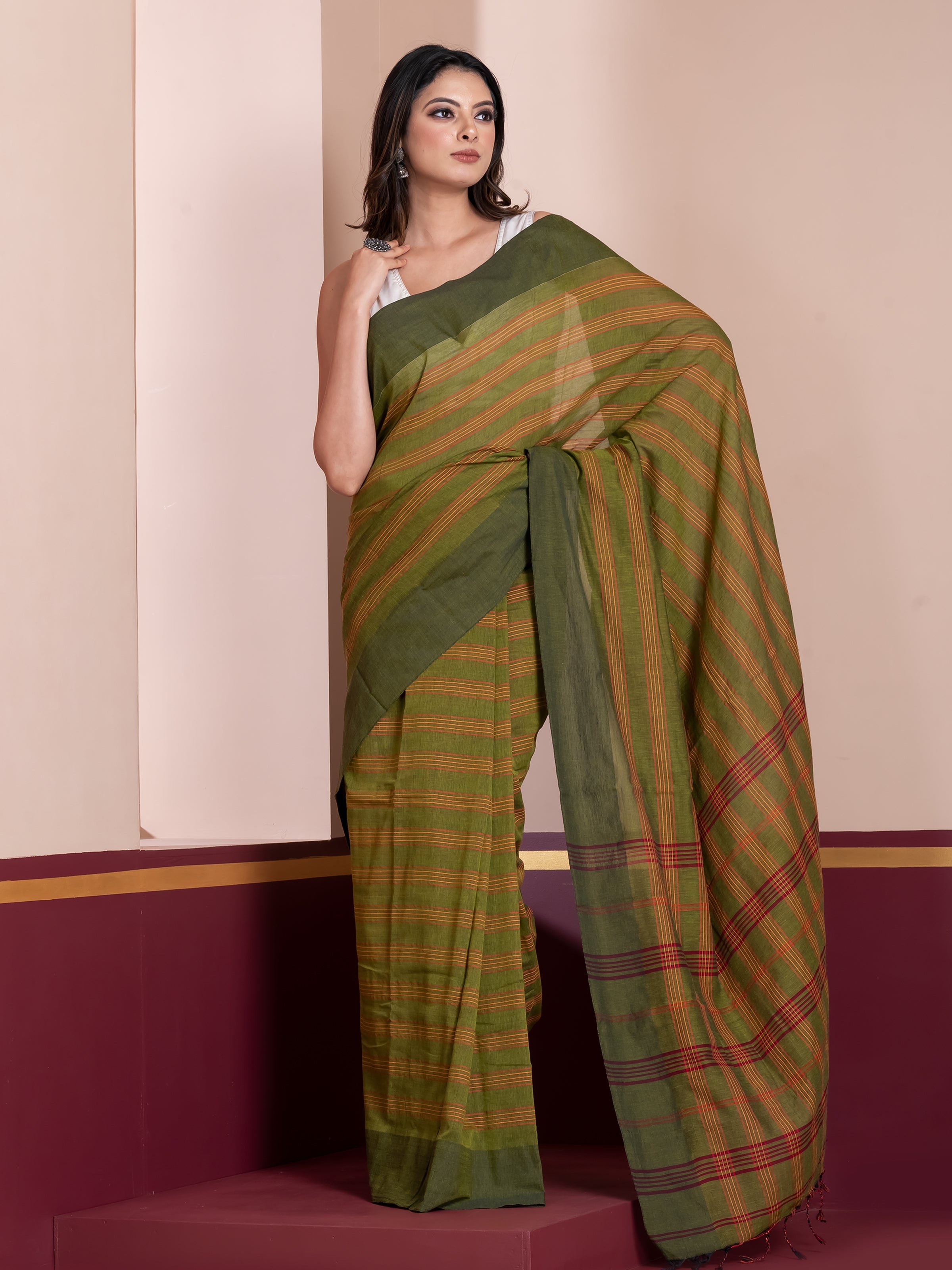 Meadow Mark Green Striped Khaadi Cotton Saree by Shop AaMe