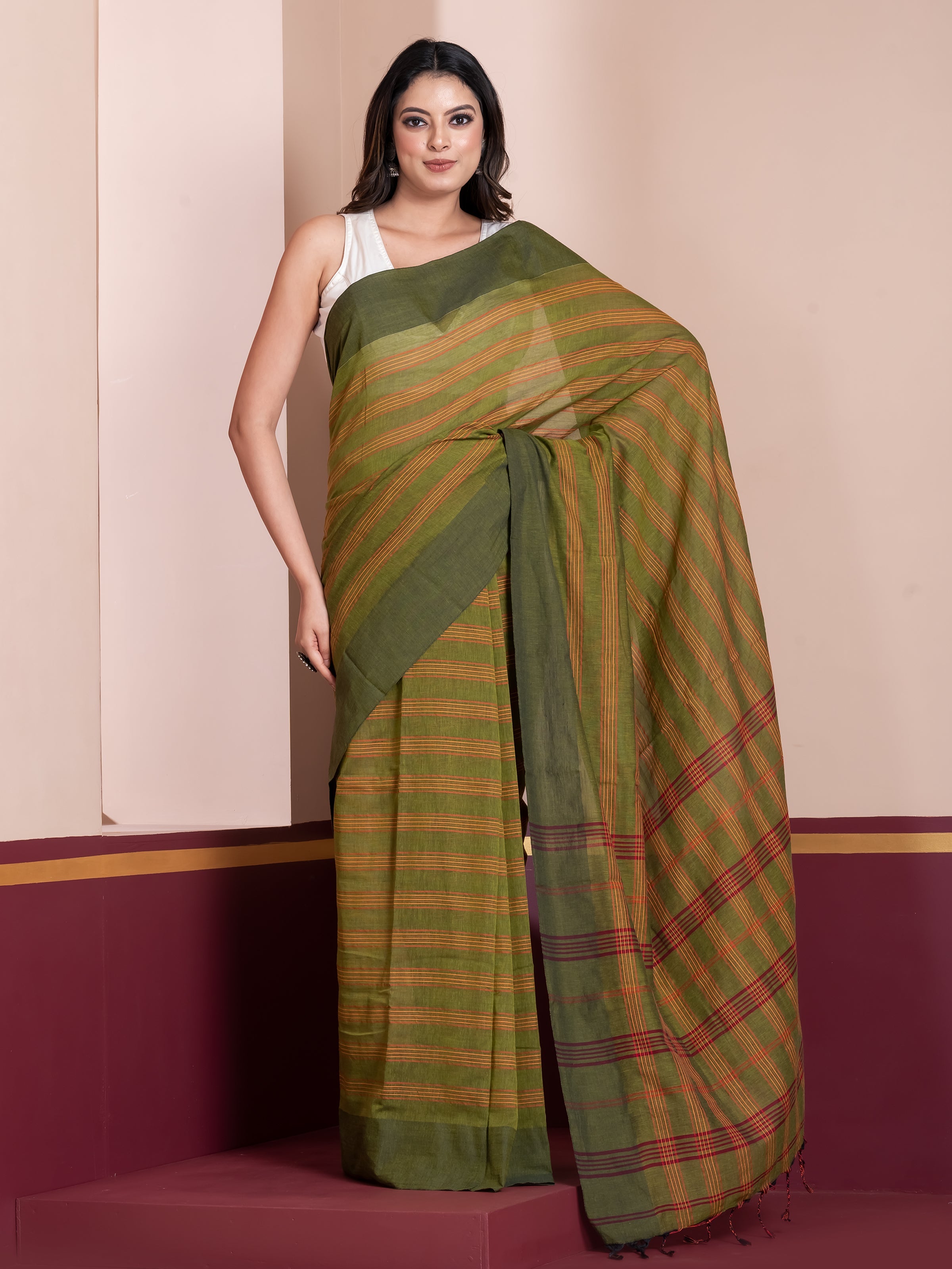 Shop AaMe Meadow Mark saree in green striped khaadi cotton