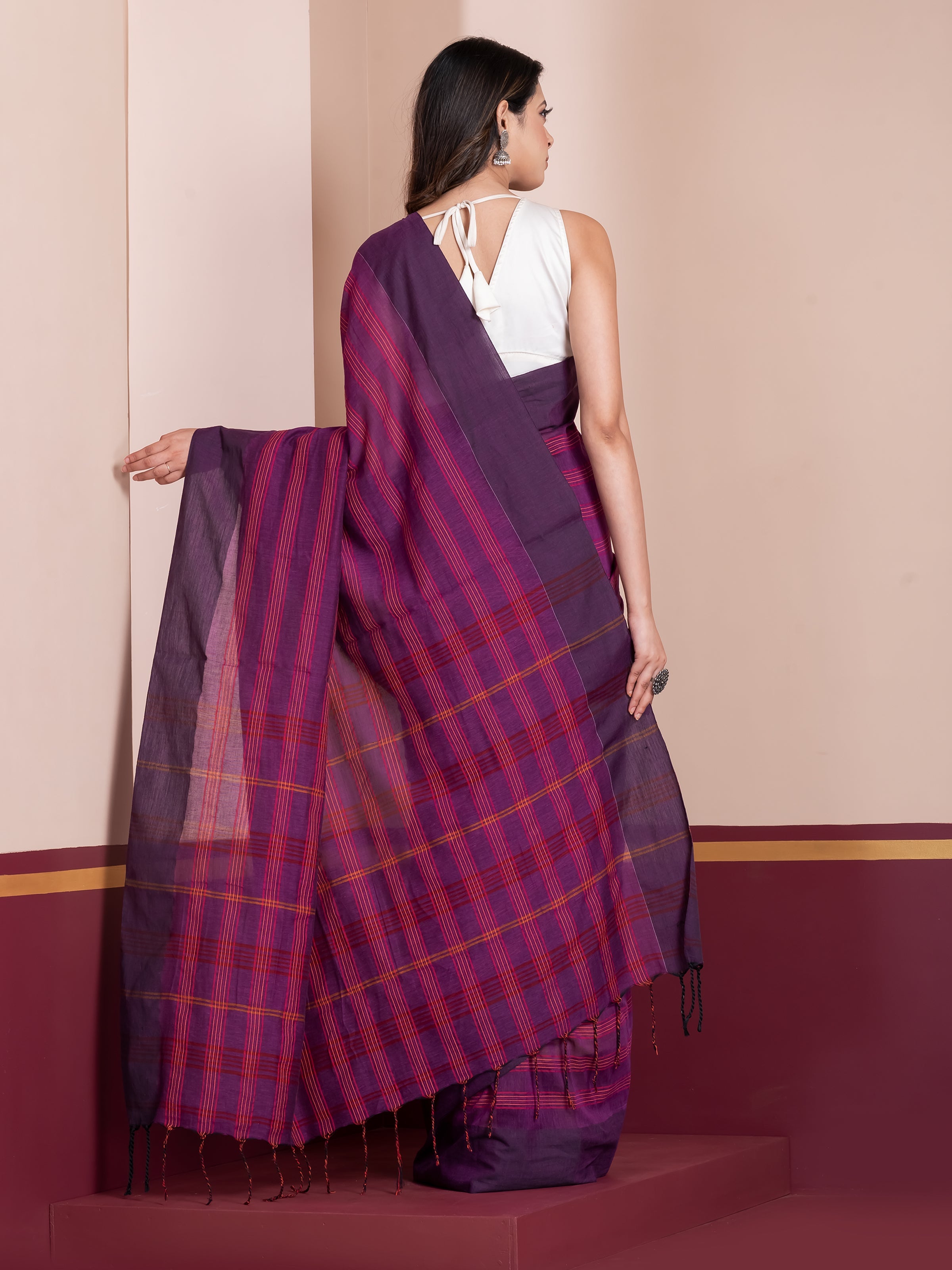 Shop AaMe Mulberry Line saree in rich plum striped khaadi cotton