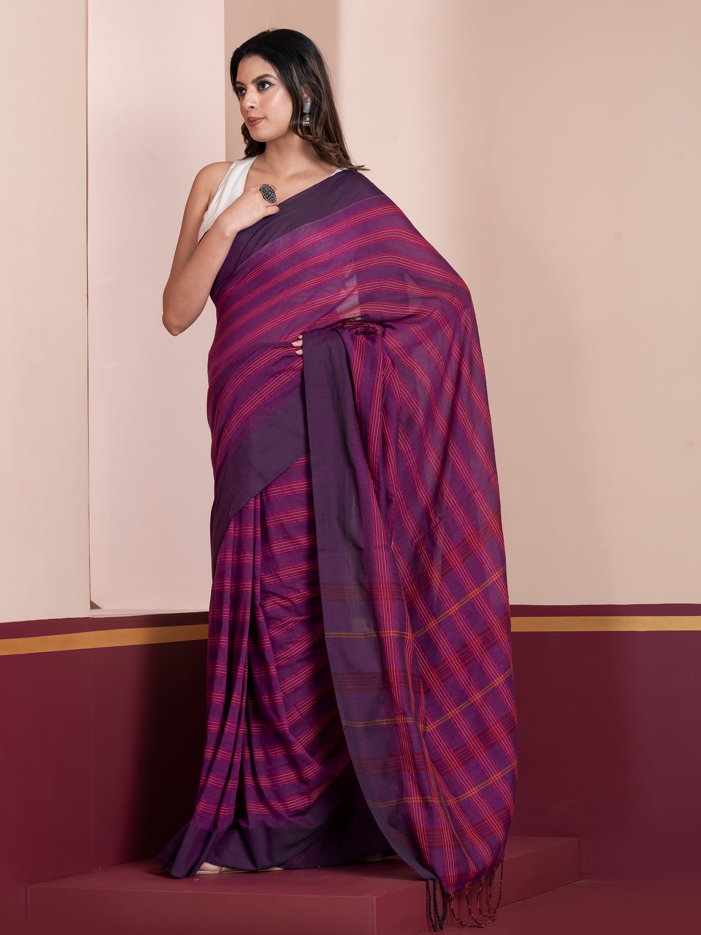 Shop AaMe Mulberry Line saree in rich plum striped khaadi cotton