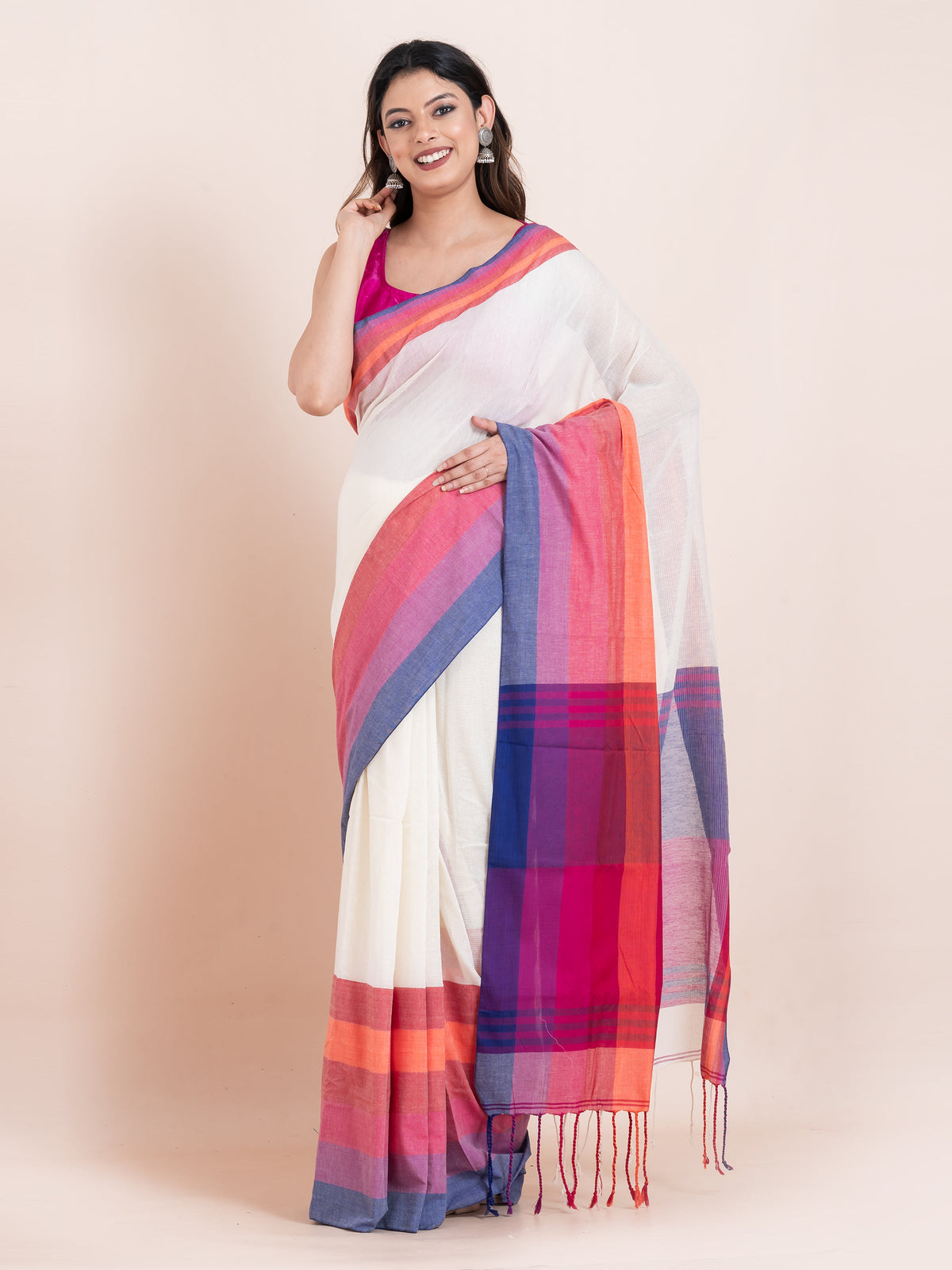 Woman wearing Sunbow yellow khadi cotton saree by ShopAaMe featuring a bright and elegant ethnic look