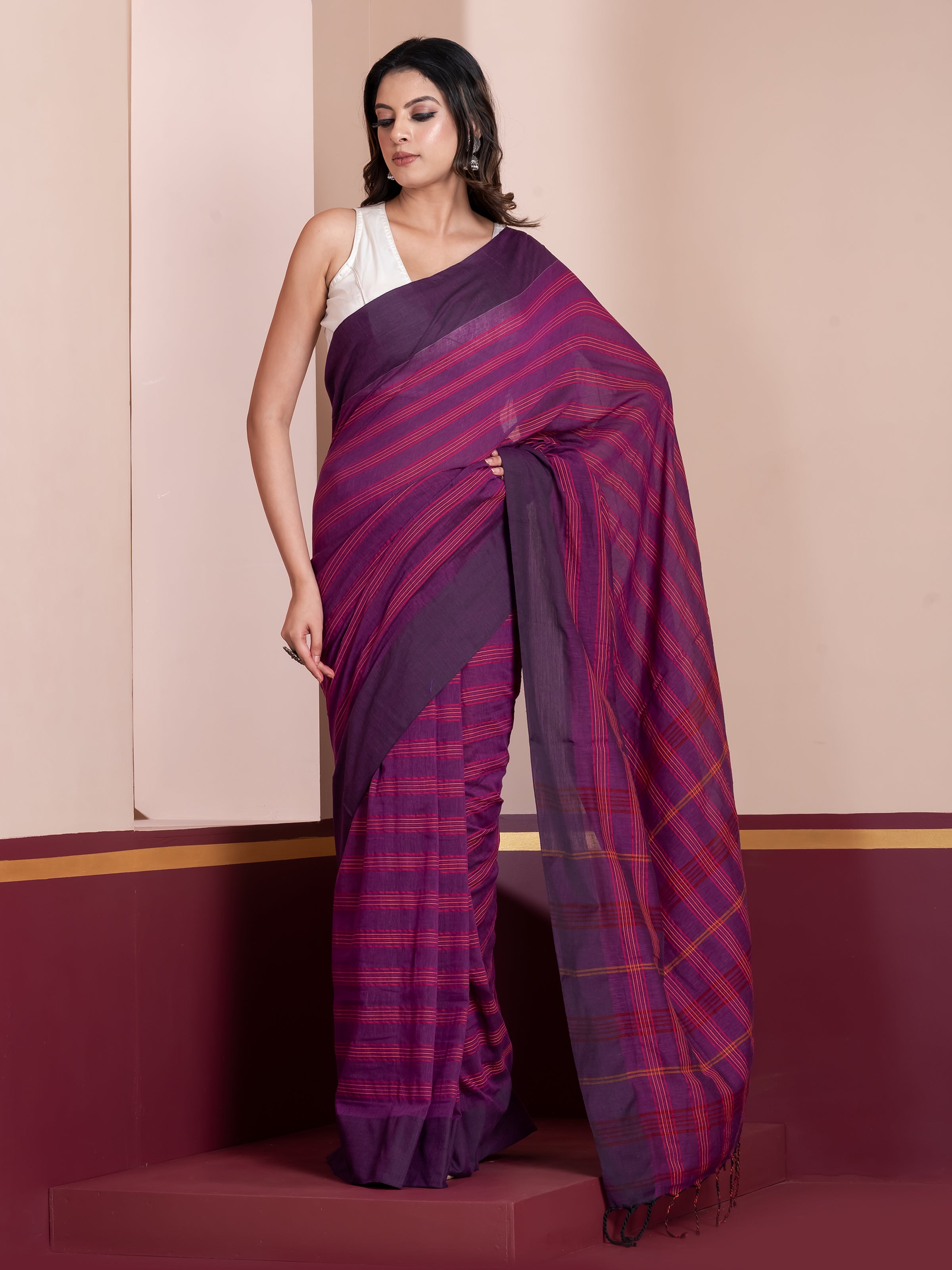 Mulberry Line Plum Striped Khaadi Cotton Saree by Shop AaMe