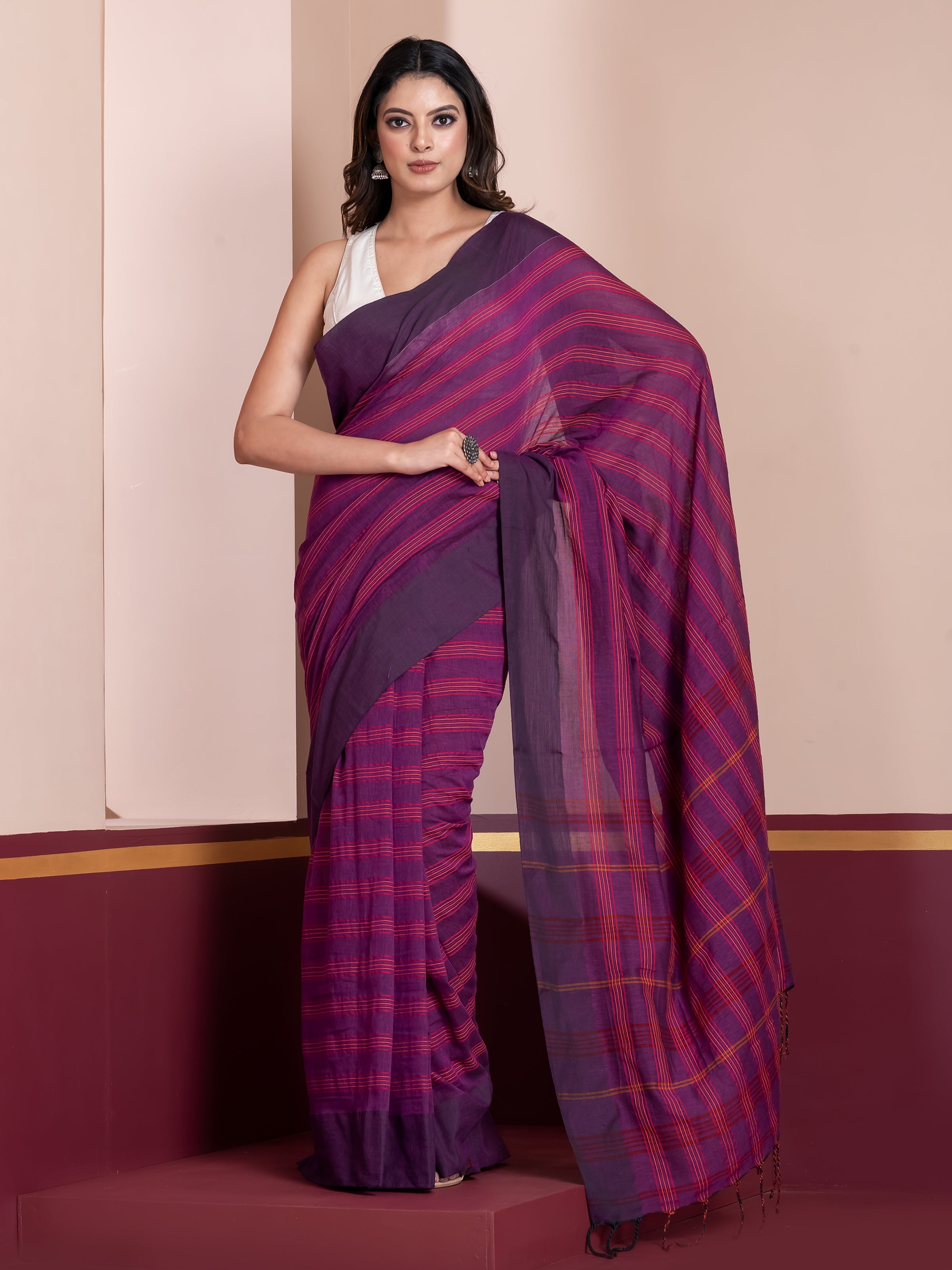 Plum striped khaadi cotton saree with breathable fabric by Shop AaMe