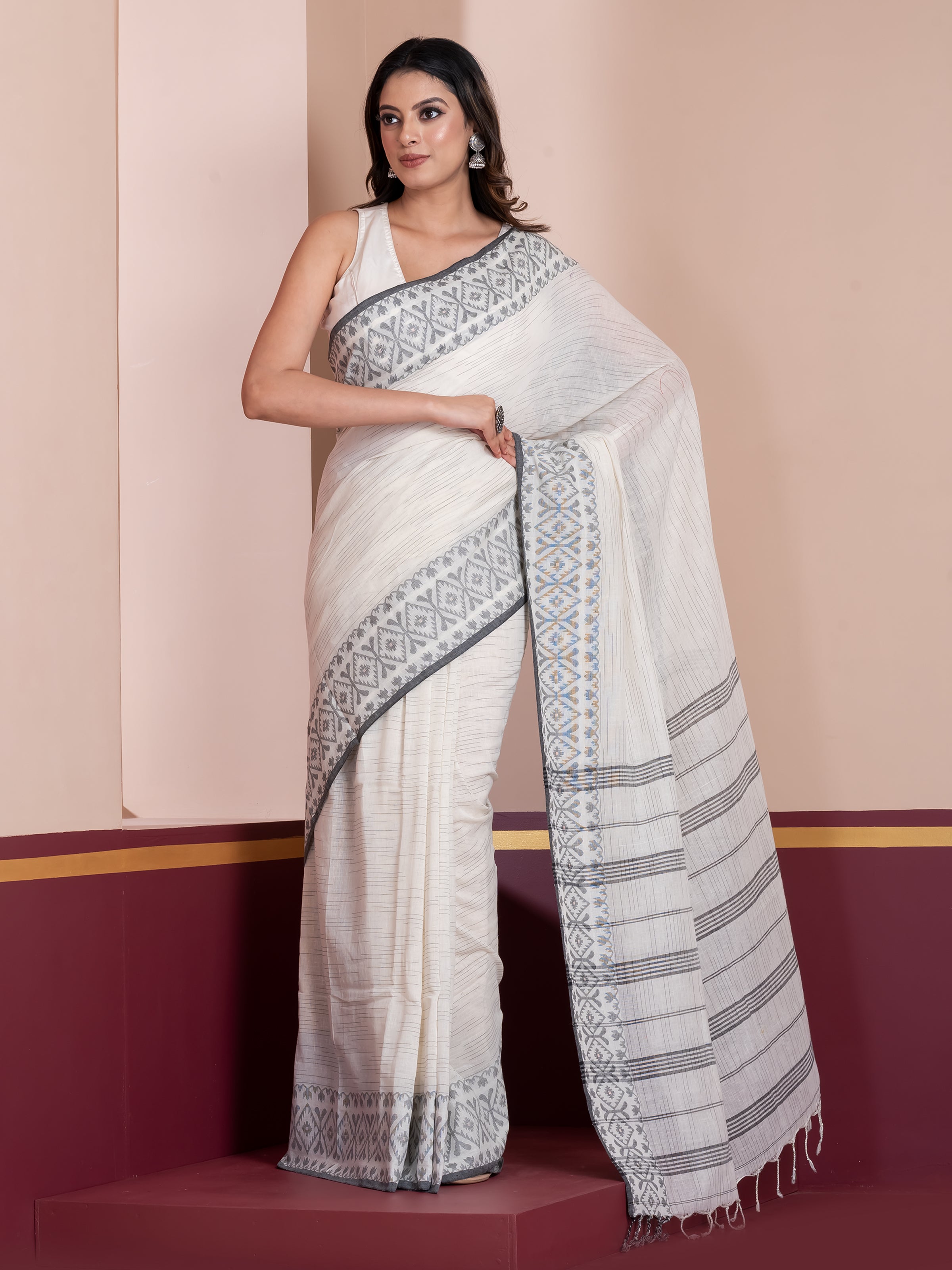 Shop AaMe Lost in Stripes saree in breathable white khaadi cotton