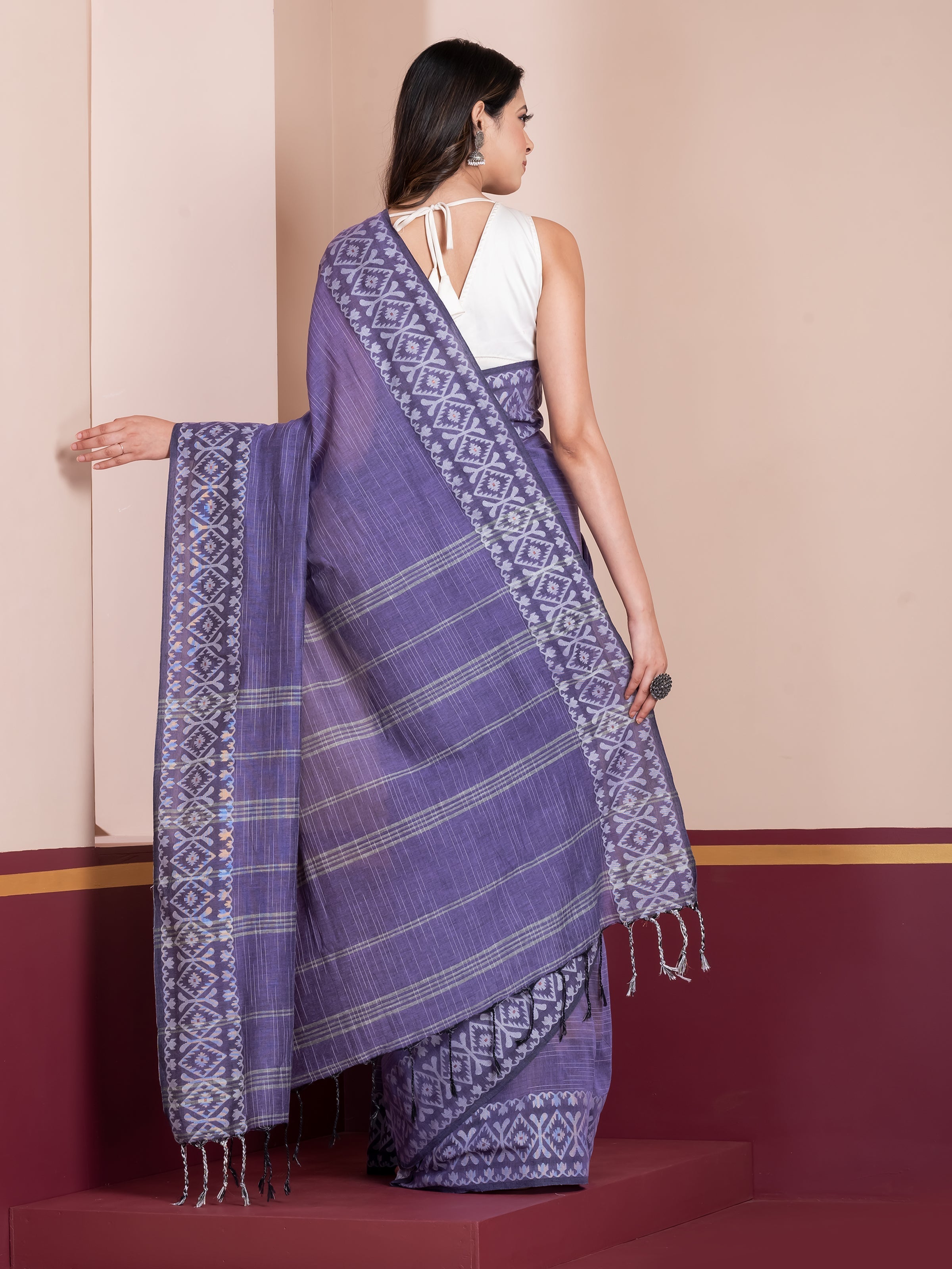 Shop AaMe violet khaadi cotton saree with handcrafted ethnic detailing