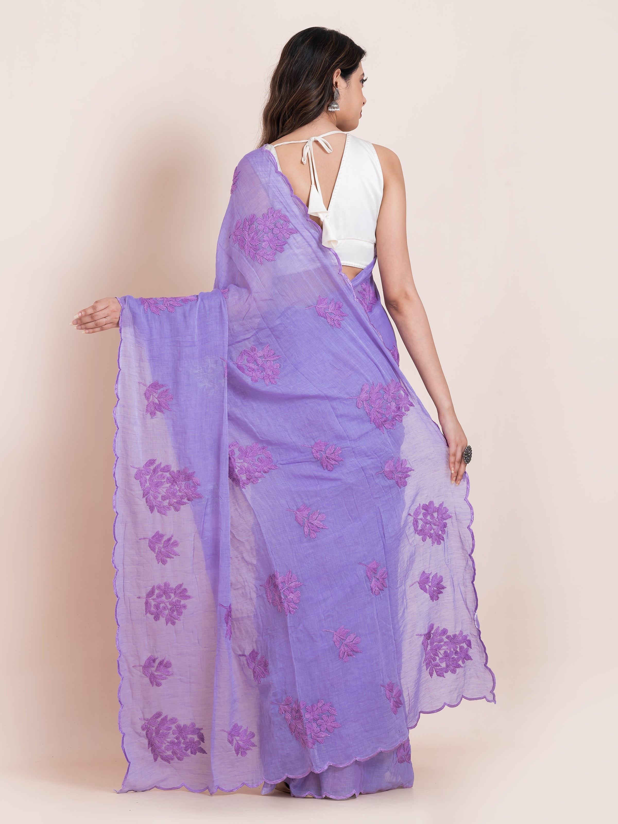 Banafsha purple cotton saree, handcrafted with delicate chikankari work for a breathable and refined look.