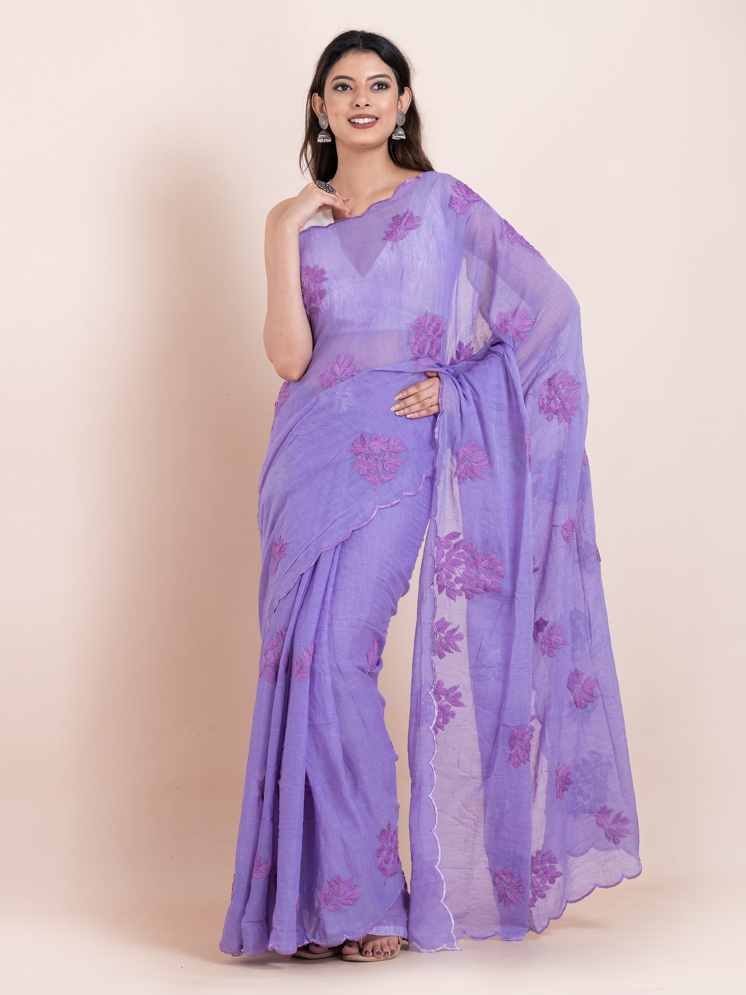 Banafsha purple chikankari embroidered mulmul cotton saree, a lightweight breathable saree for summer wear.