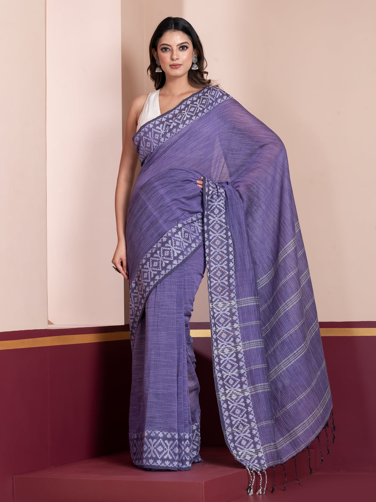 Traditional Handcrafted Violet Khaadi Cotton Saree by Shop AaMe