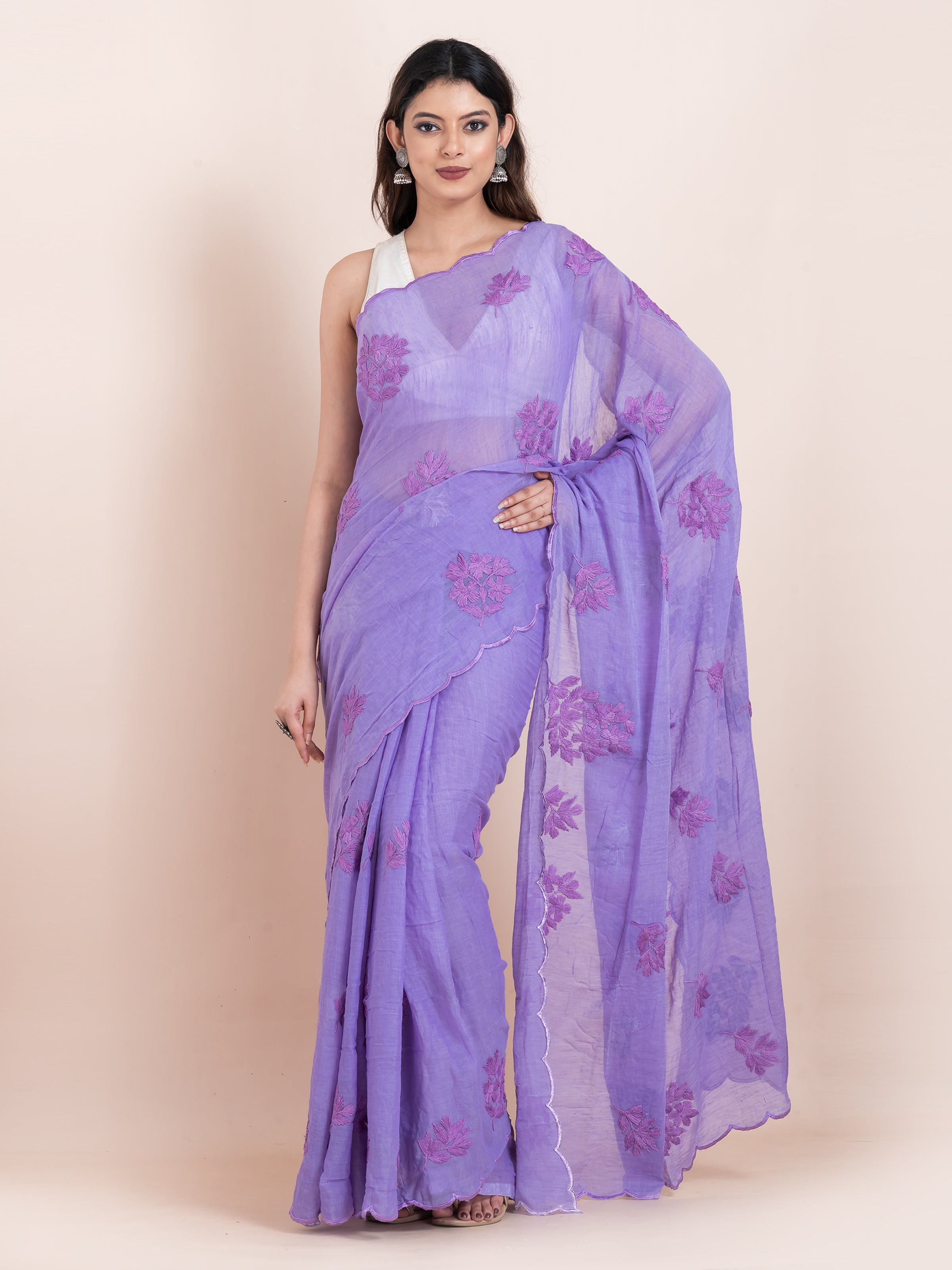 Purple mulmul cotton saree with chikankari embroidery, soft airy elegance for summer styling and everyday grace.