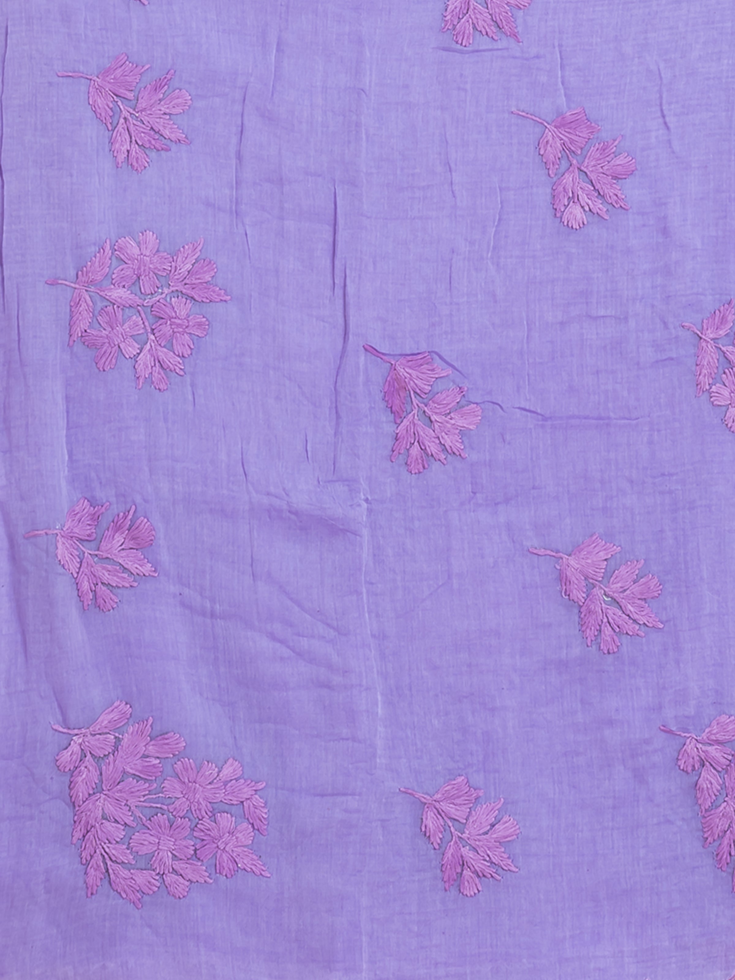 Lightweight purple chikankari embroidered mulmul cotton saree, designed for soft comfort and effortless summer wear.