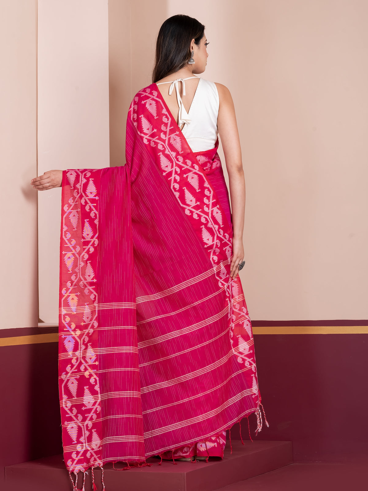 Shop AaMe dark pink saree in lightweight khaadi cotton for women