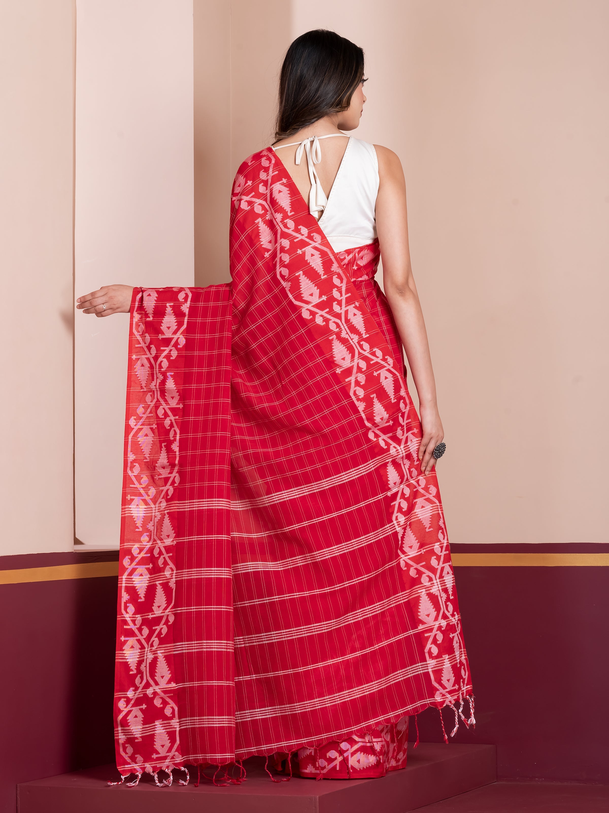 Jamdani Paar red khaadi cotton saree featuring classic Bengali festive appeal