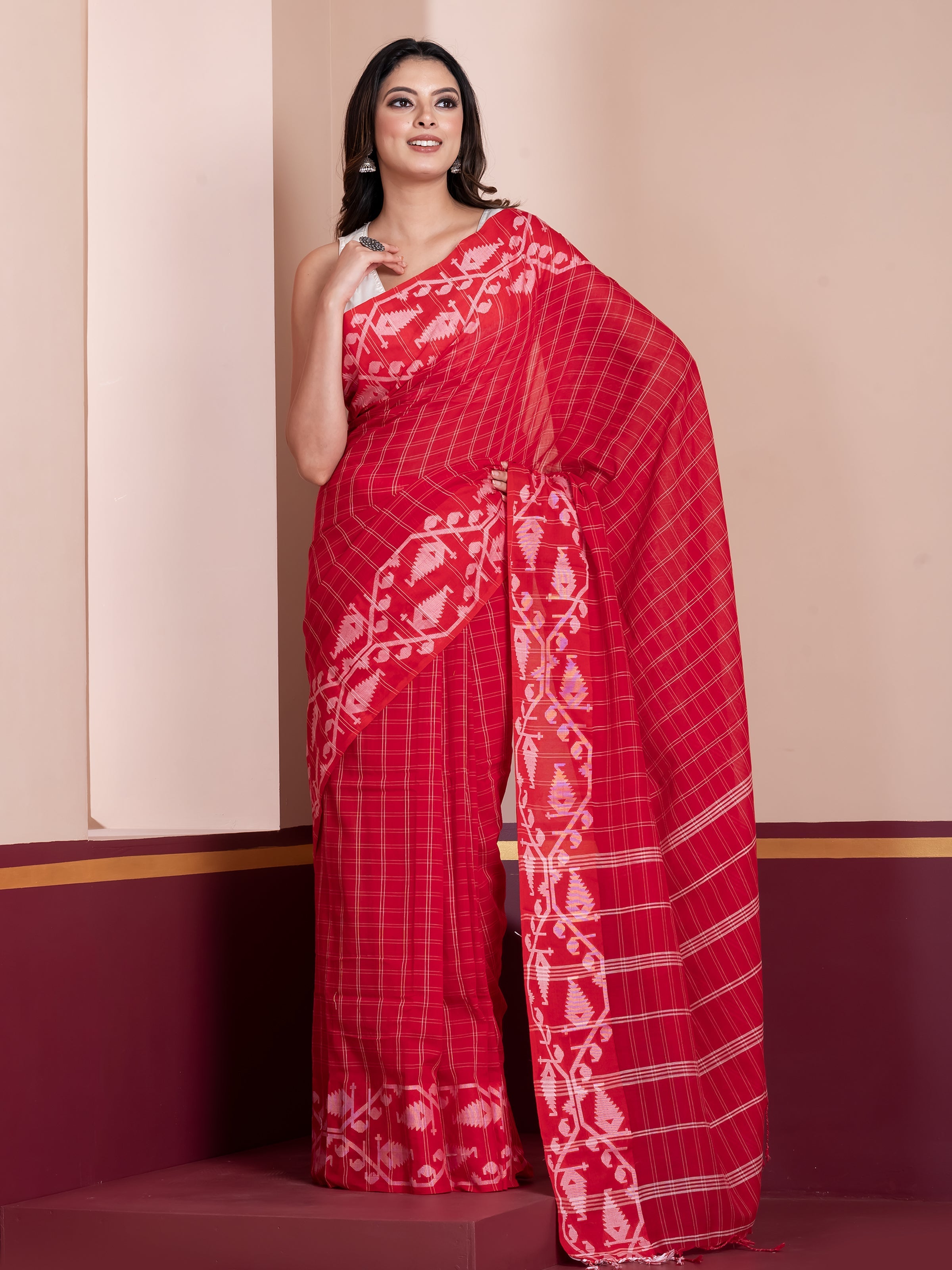 Red White Jamdani Khaadi Cotton Saree by Shop AaMe