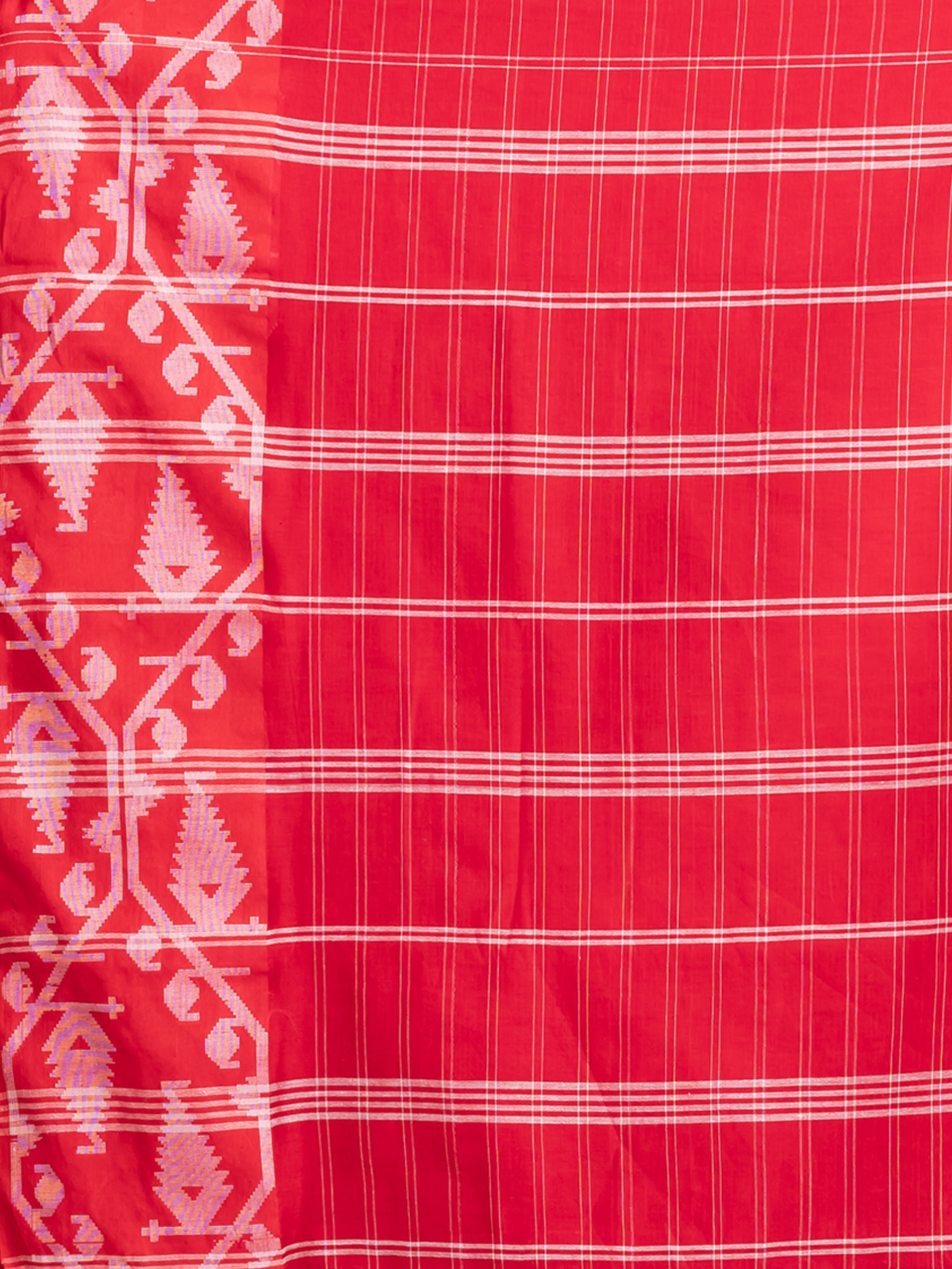 Designer red white khaadi cotton saree for Durga Puja and traditional styling