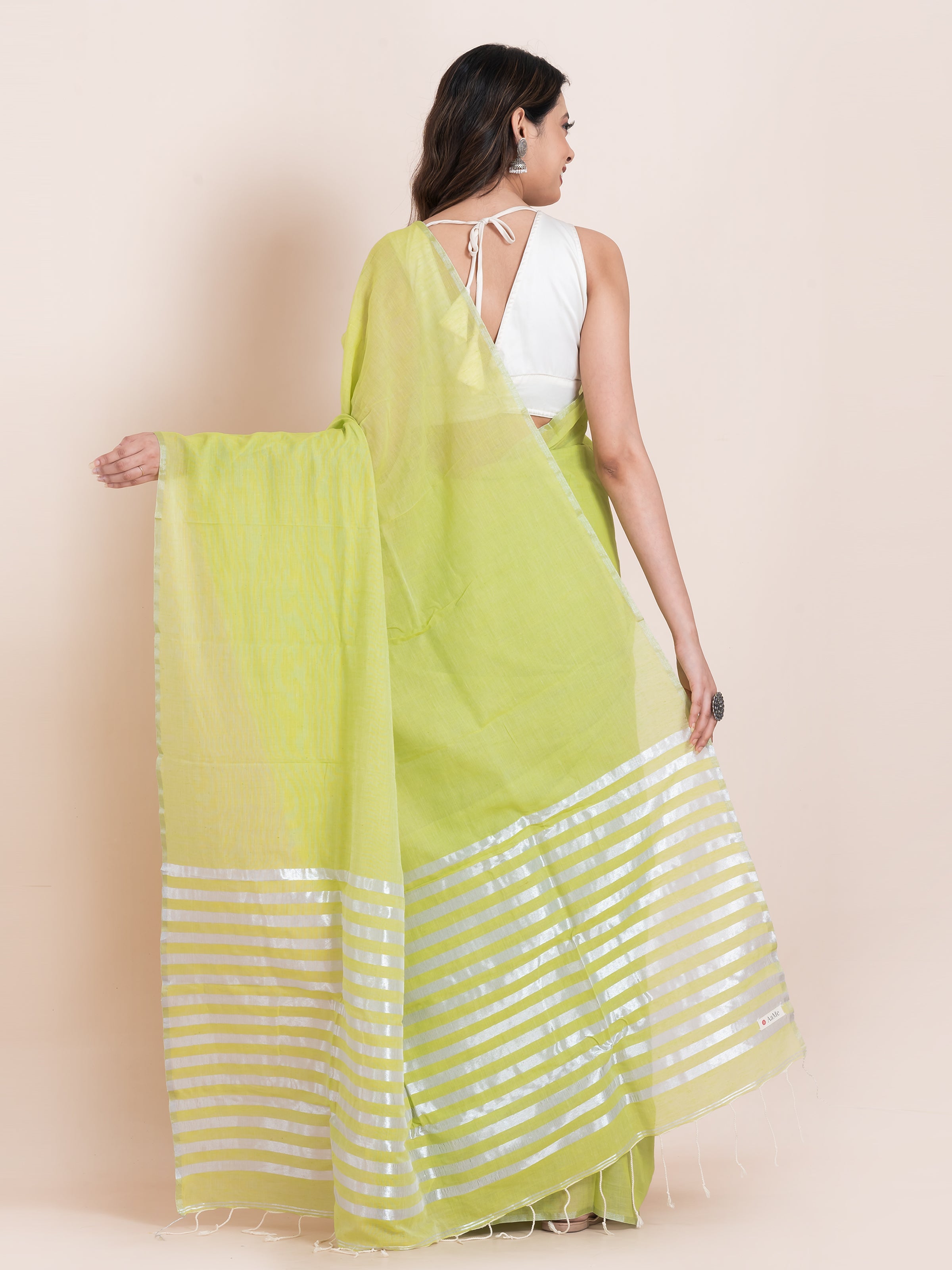 Green khaadi cotton saree with soft breathable fabric by Shop AaMe