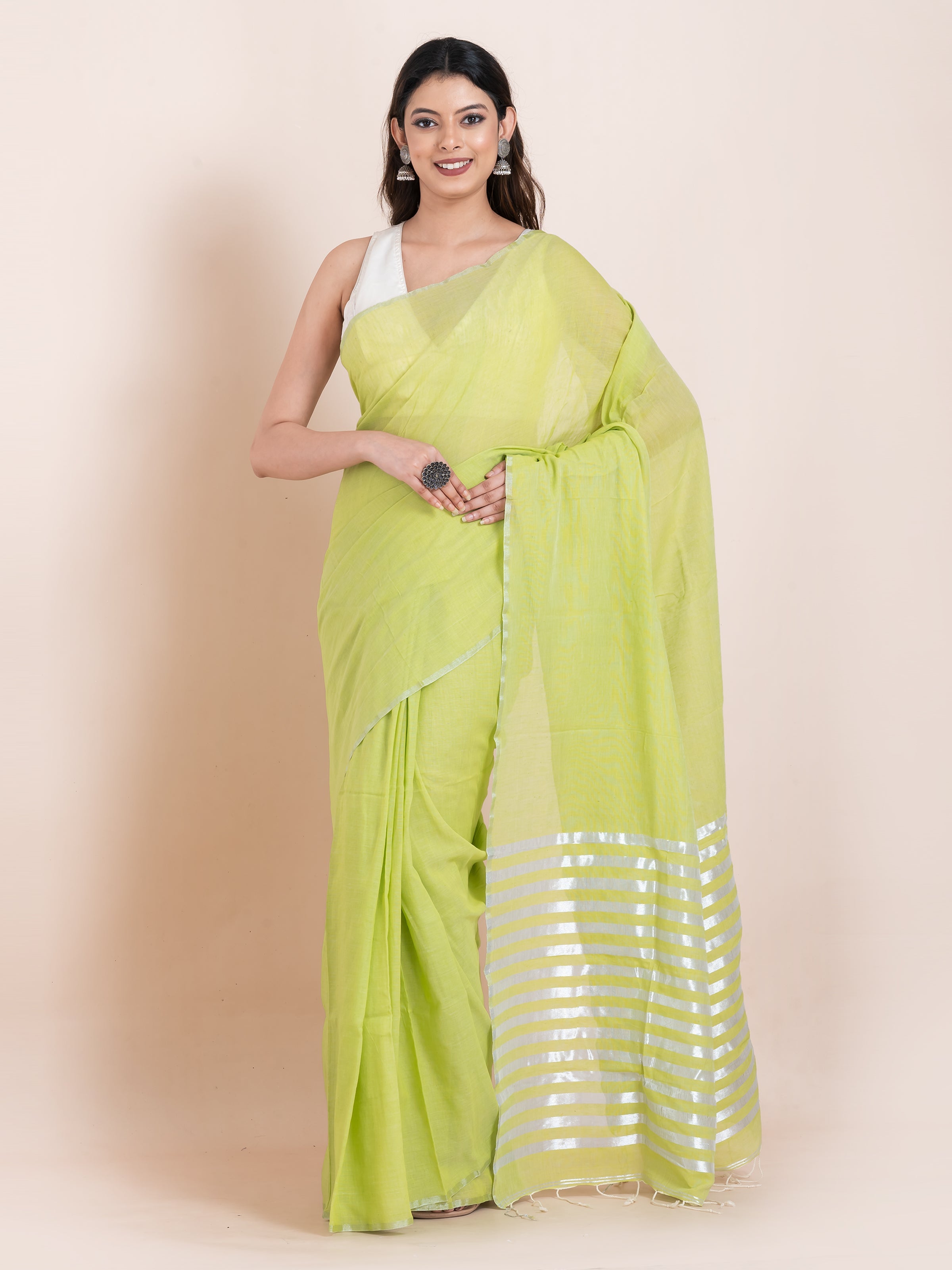 Shop AaMe Lush Green saree in refreshing green khaadi cotton.