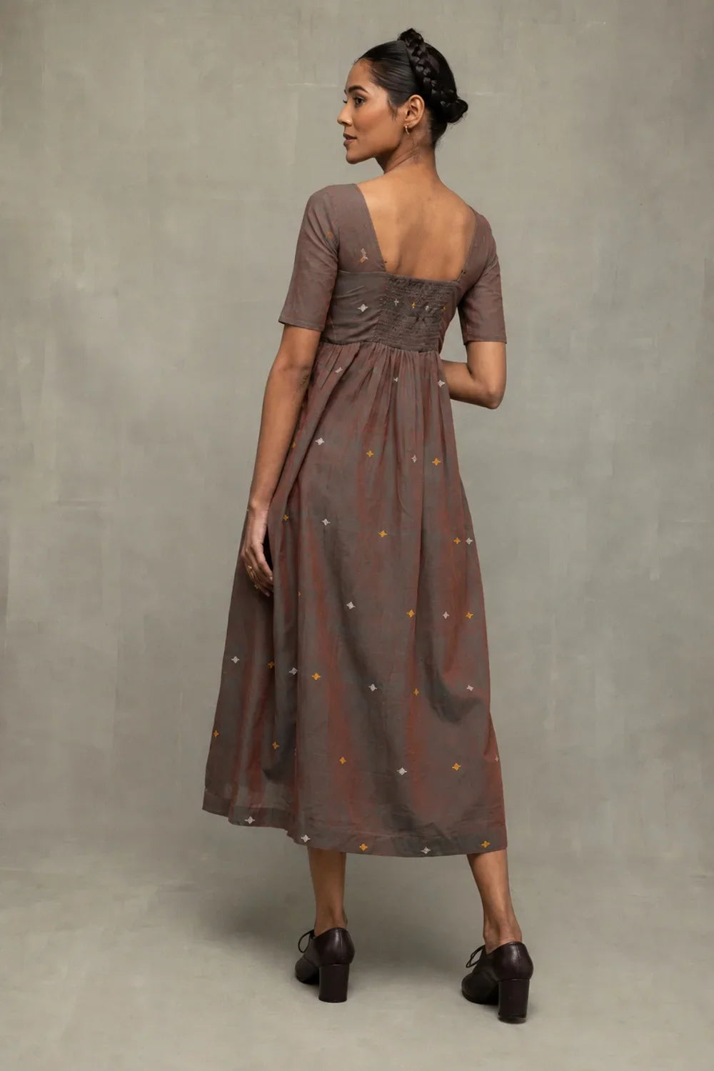 Brown Duo Tone Jamdani Hand-Woven Midi Dress-Sutra Art of Clothing