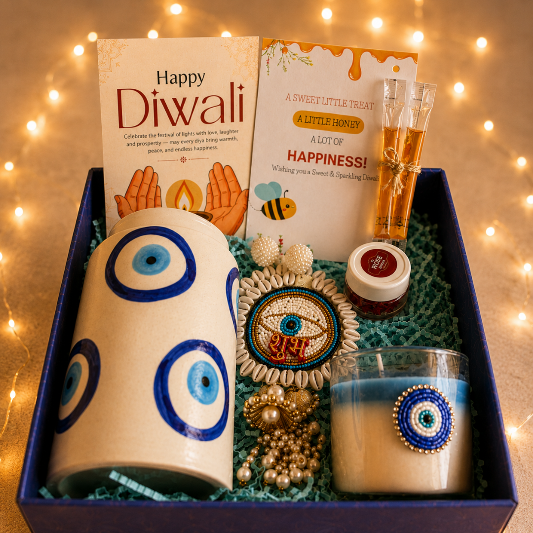 Azure Nazar Glow Candle Gift Box | Evil Eye Diwali Gift Hamper with Saffron - https://artecasa.in/