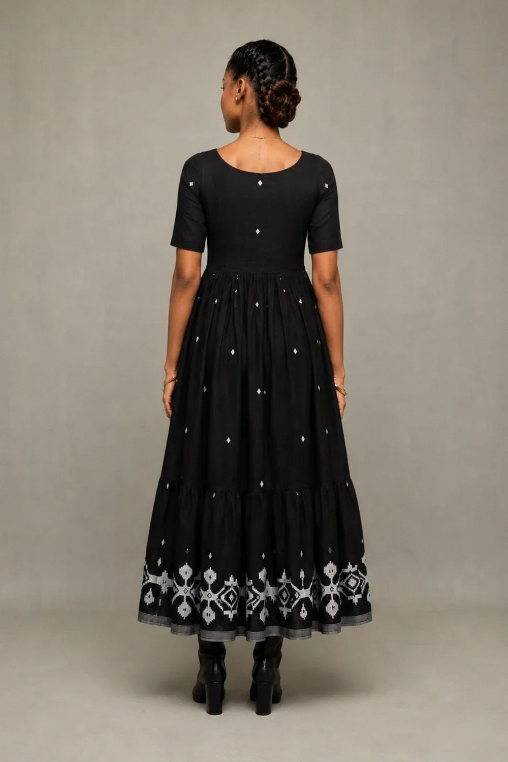 Midnight Black Handwoven Jamdani Tiered Midi Dress-Sutra Art of Clothing