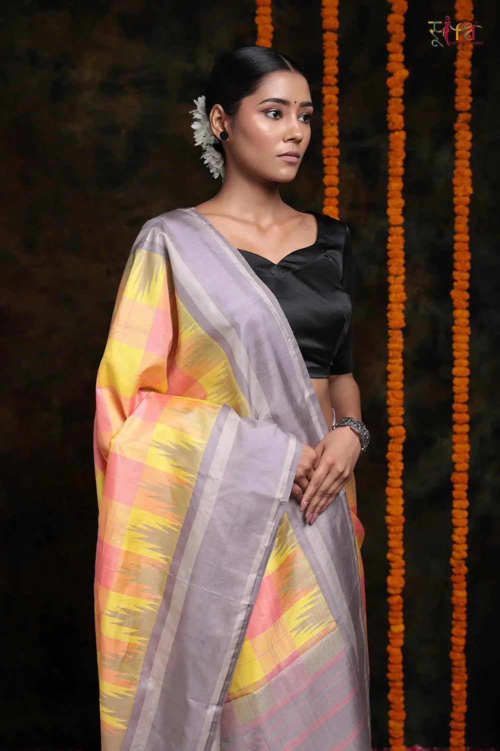 Handloom Peach & Lemon Check Pure Silk Kanchi Saree-Sutra Art of Clothing