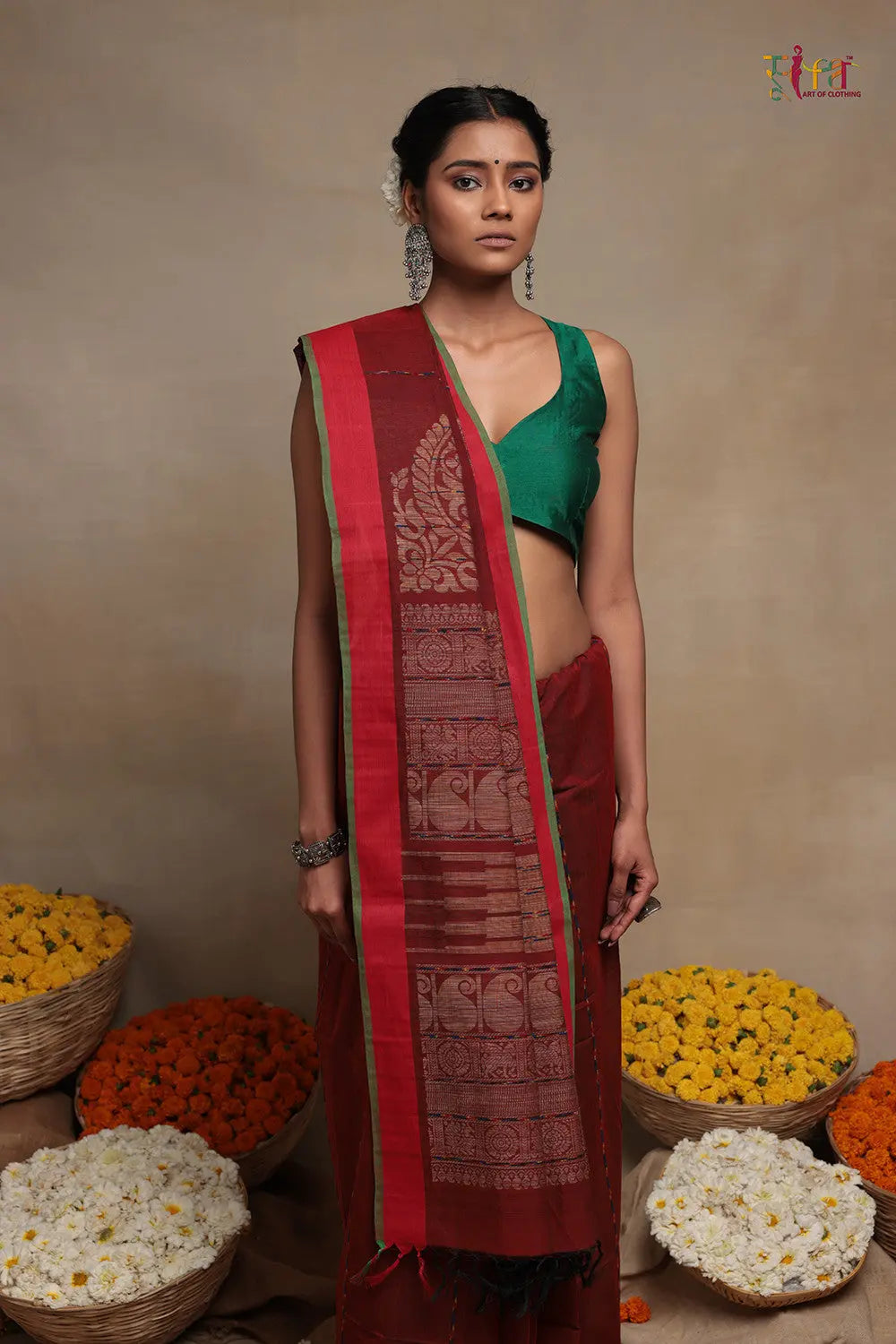 Traditional Maroon Handloom Cotton Kanchi Saree-Sutra Art of Clothing