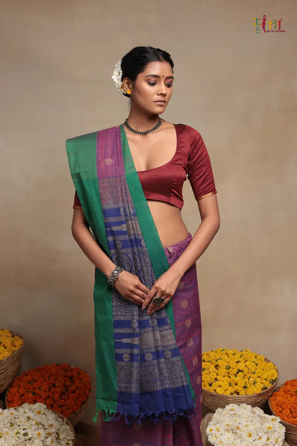 Blue And Pink Pure Cotton Handloom Kanchi Saree-Sutra Art of Clothing