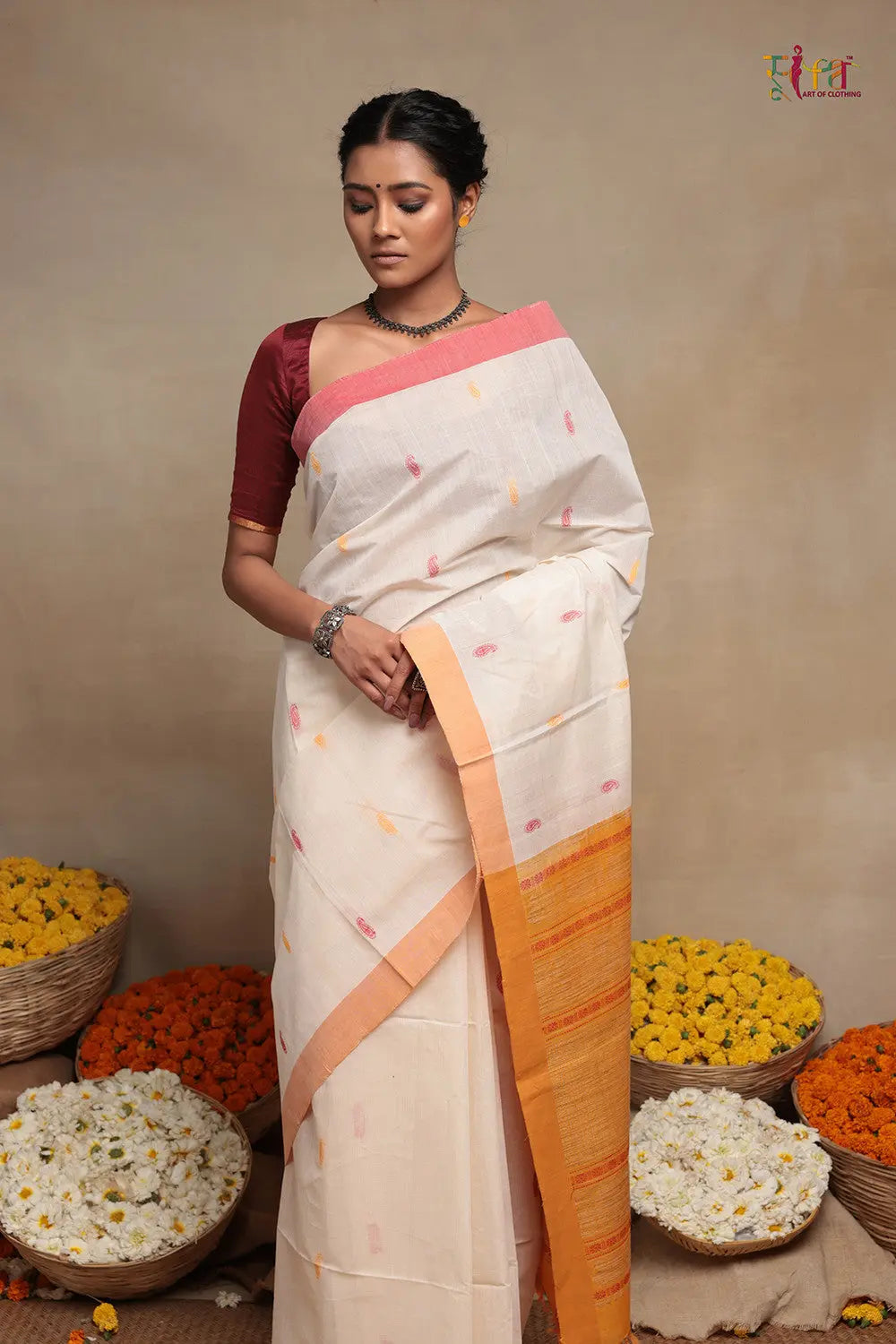White Handloom Cotton Kanchi Saree-Sutra Art of Clothing