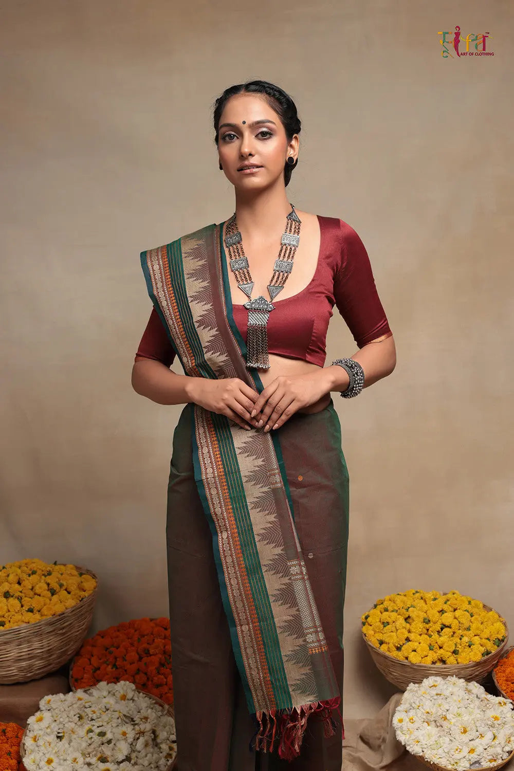 Green Handloom Pure Cotton Kanchi Saree-Sutra Art of Clothing