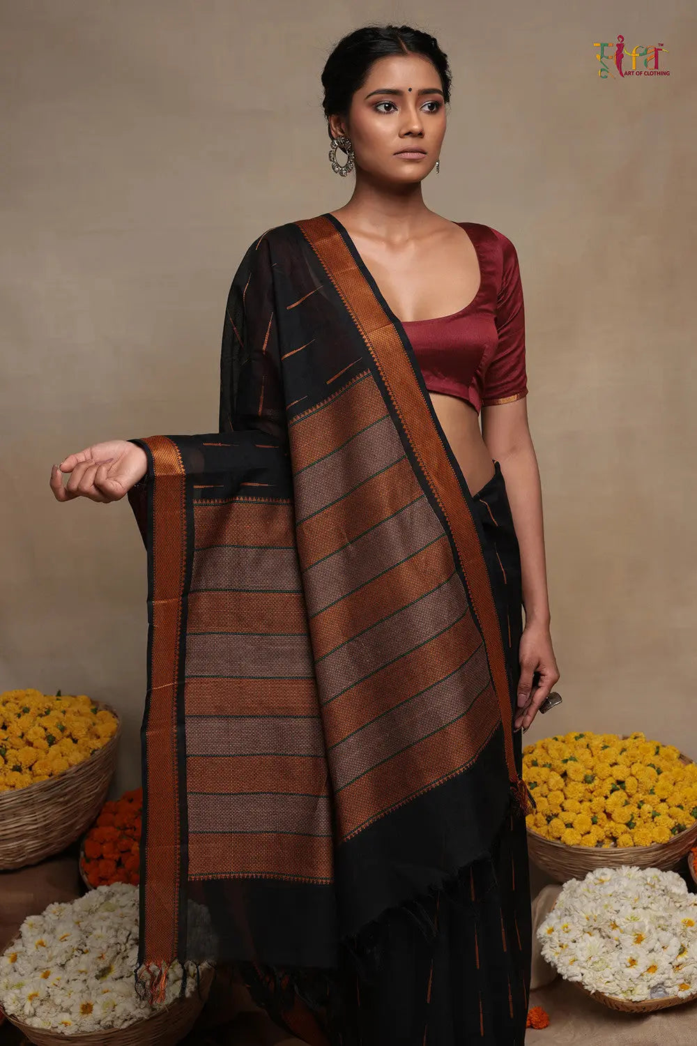 Handloom Black Pure Cotton Kanchi Contemporary Saree-Sutra Art of Clothing