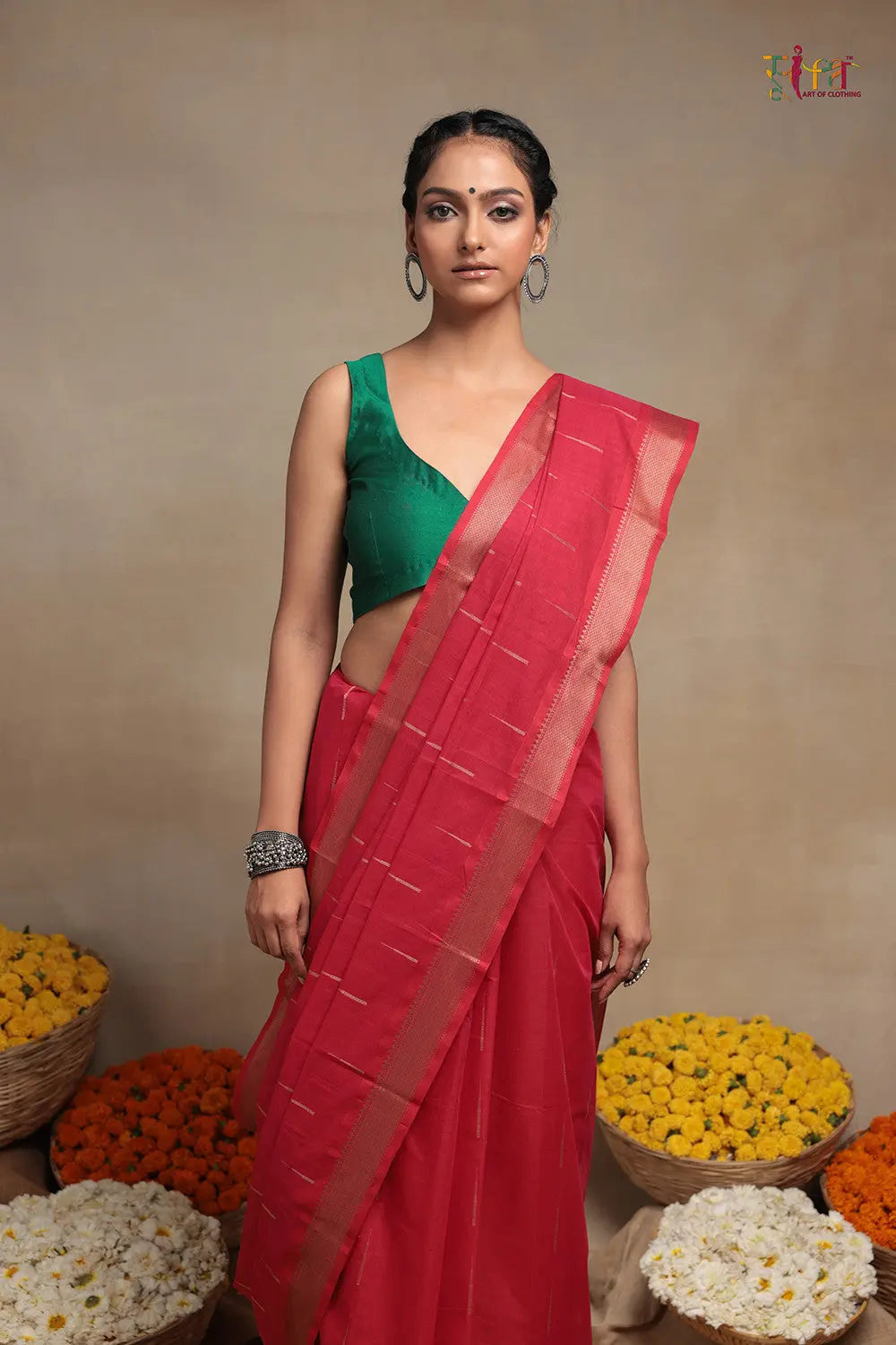 Handloom Raspberry Red Pure Cotton Kanchi Saree-Sutra Art of Clothing