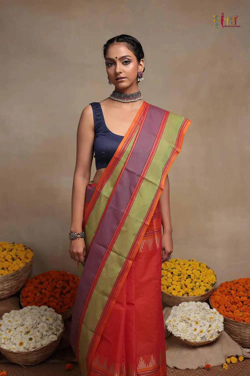 Handloom Royal Orange Pure Cotton Kanchi Saree-Sutra Art of Clothing