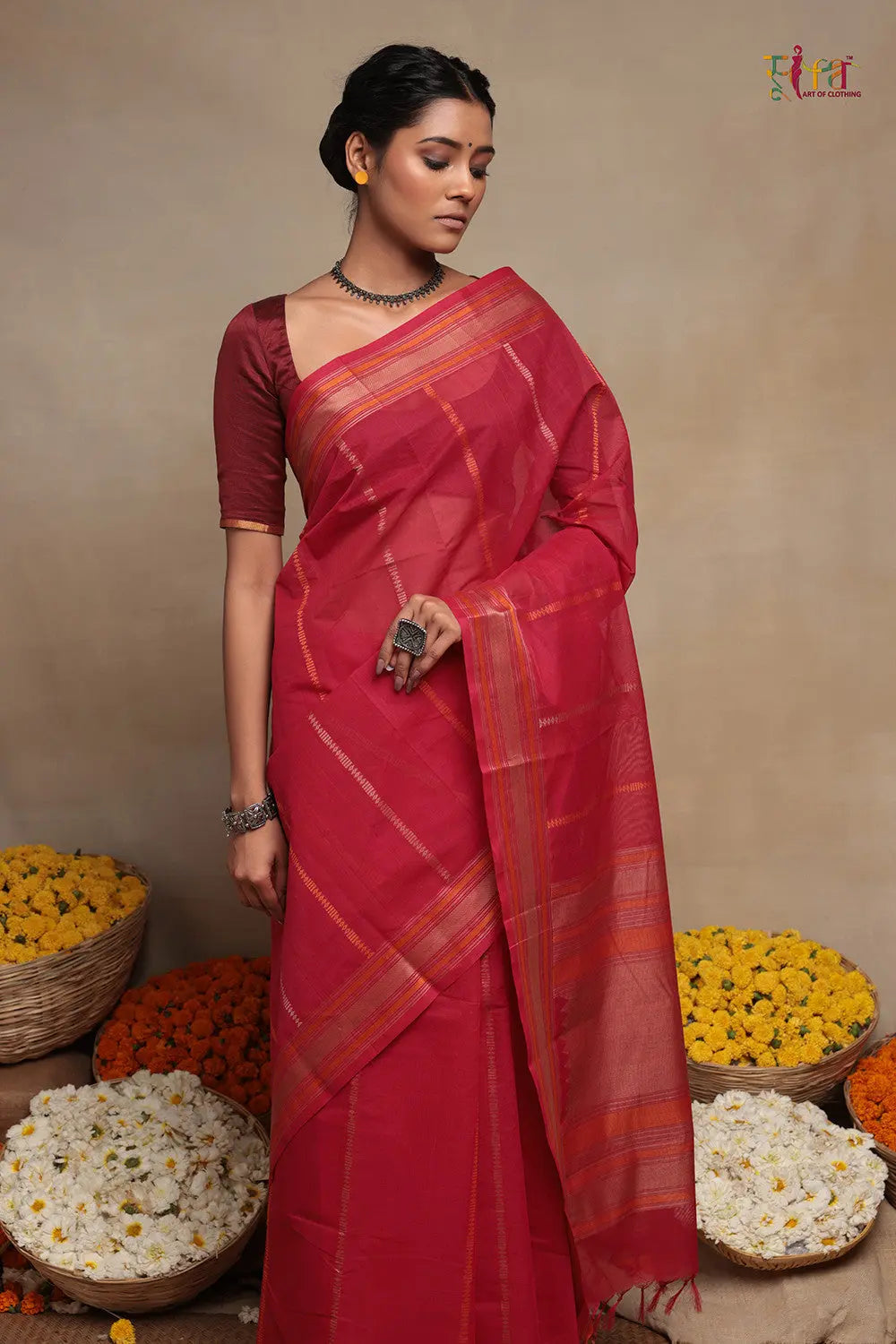 Magenta Handloom Kanchi Saree With Stripes-Sutra Art of Clothing
