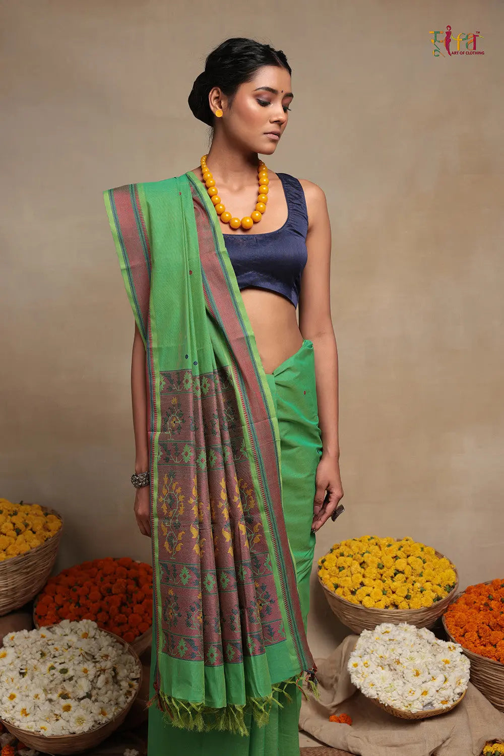 Emerald Green Pure Cotton Kanchi Saree-Sutra Art of Clothing