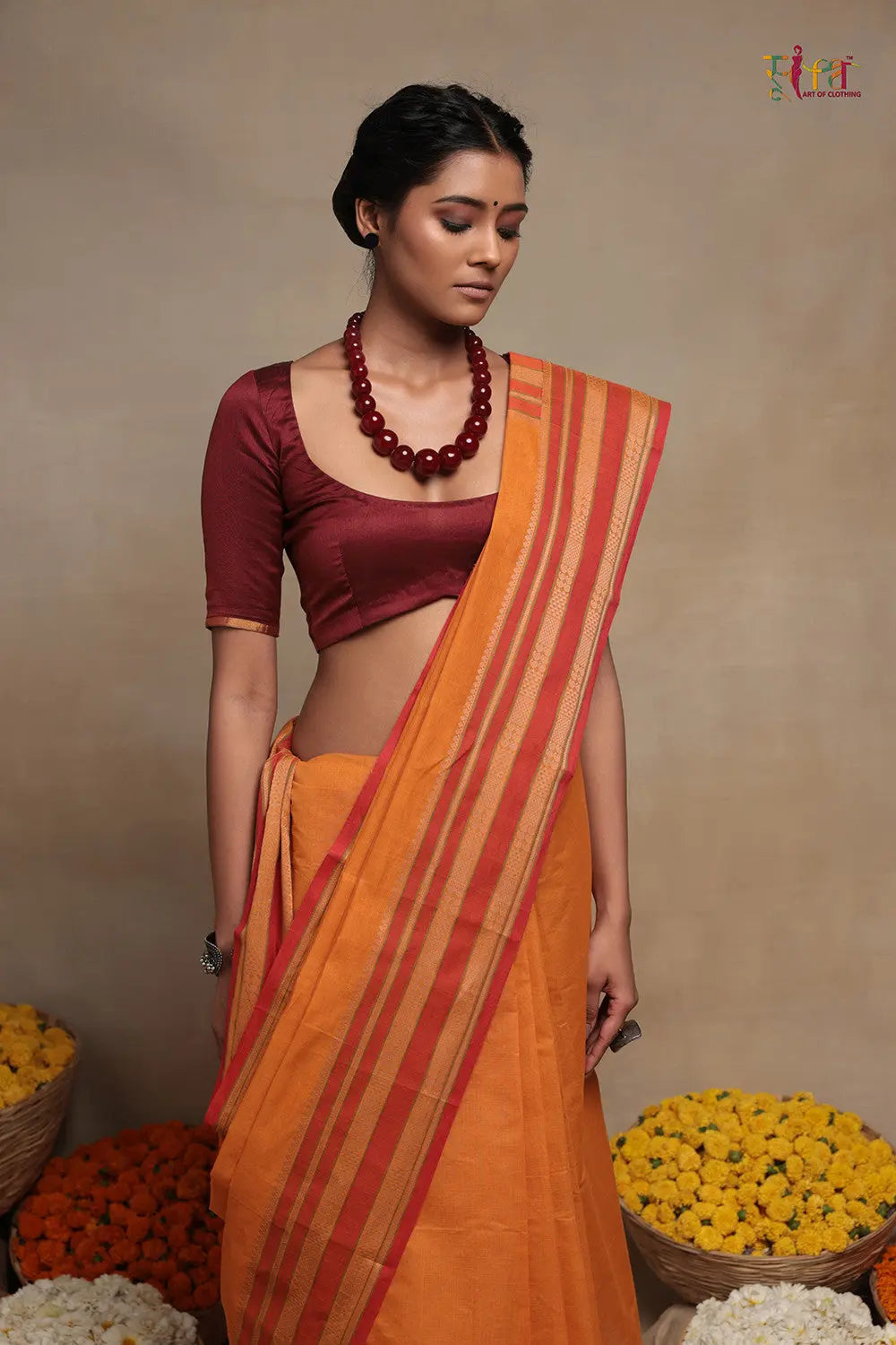 Handloom Atomic Orange Pure Cotton Kanchi Saree-Sutra Art of Clothing