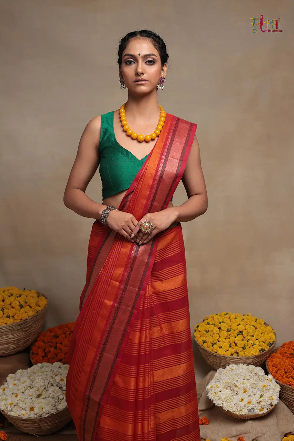 Handloom Orange & Red Pure Cotton Kanchi Saree-Sutra Art of Clothing