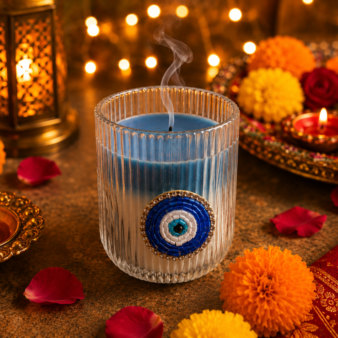 Nazar Glow Evil Eye Decorative Candle | Oudh Saffron Soy Wax Candle - https://artecasa.in/