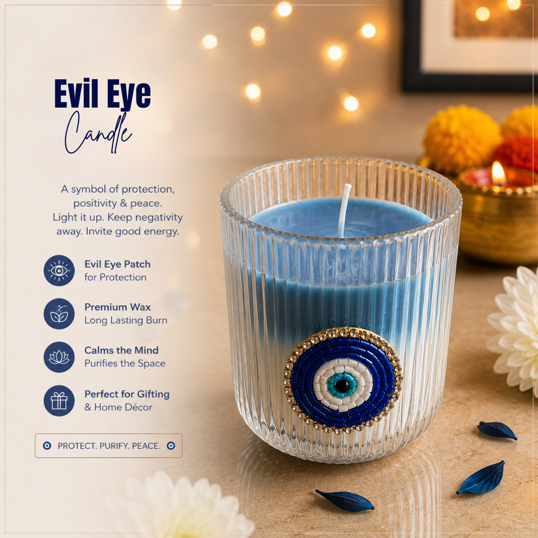 Nazar Glow Evil Eye Decorative Candle | Oudh Saffron Soy Wax Candle - https://artecasa.in/