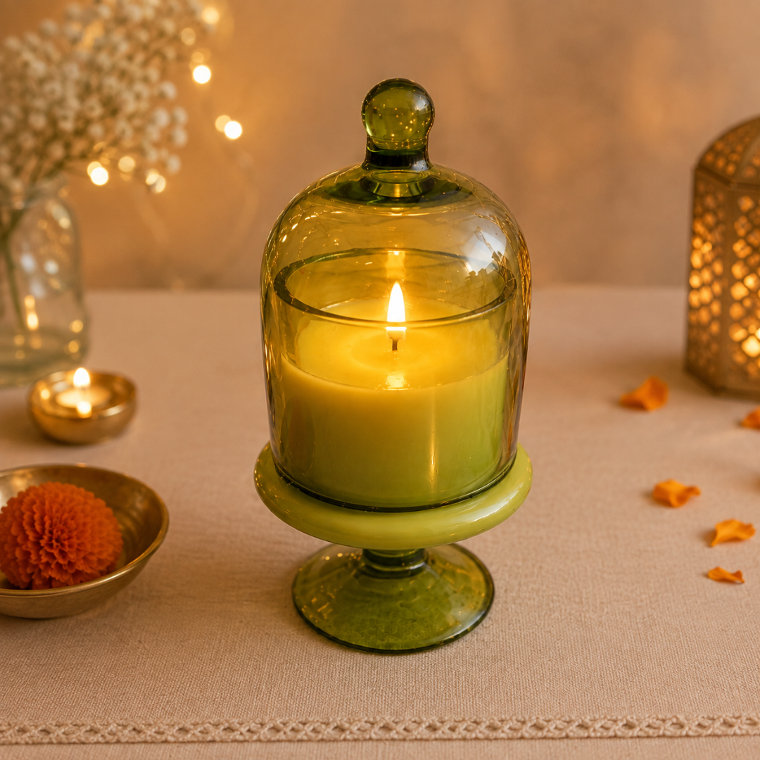 Verdant Glow Green Glass Jar Candle | Oudh Soy Wax Candle - https://artecasa.in/
