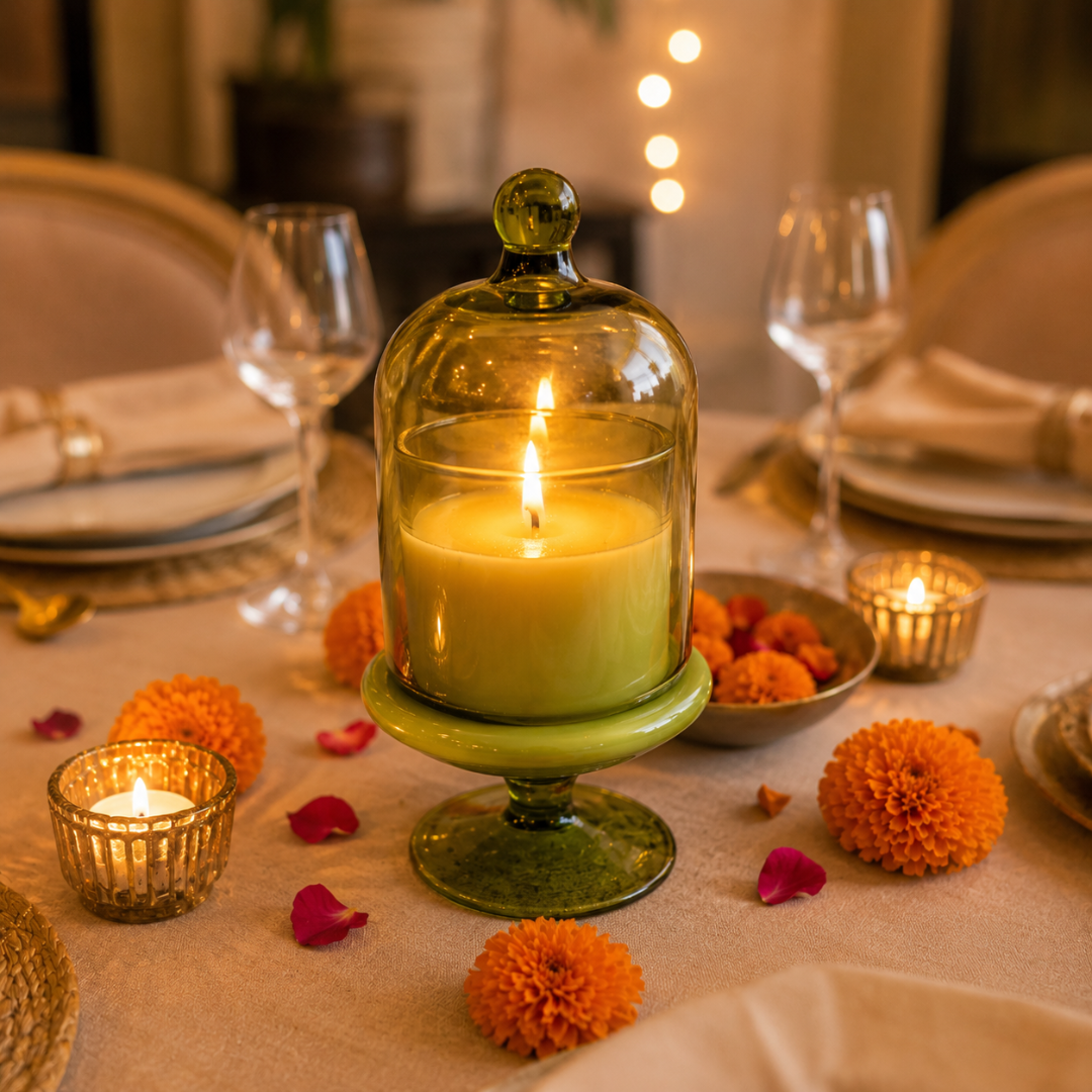 Verdant Glow Green Glass Jar Candle | Oudh Soy Wax Candle - https://artecasa.in/