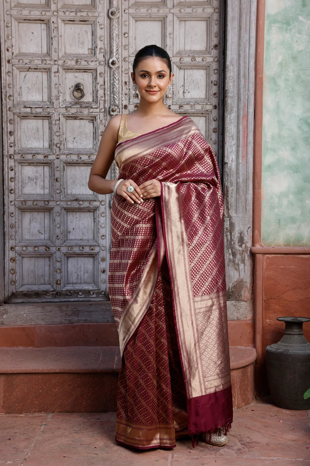 Handloom Wine Pure Silk Brocade Banarasi Saree-Sutra Art of Clothing