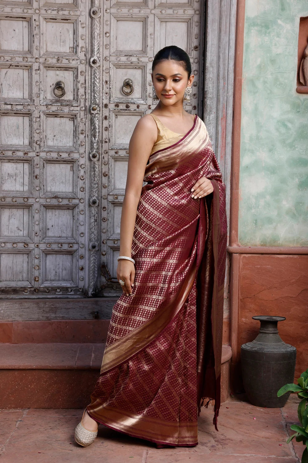Handloom Wine Pure Silk Brocade Banarasi Saree-Sutra Art of Clothing