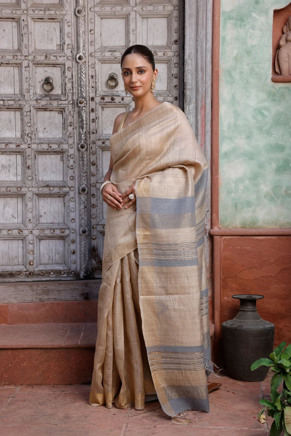 Handloom Beige Pure Silk Saree with Gold Border & Grey Pallu