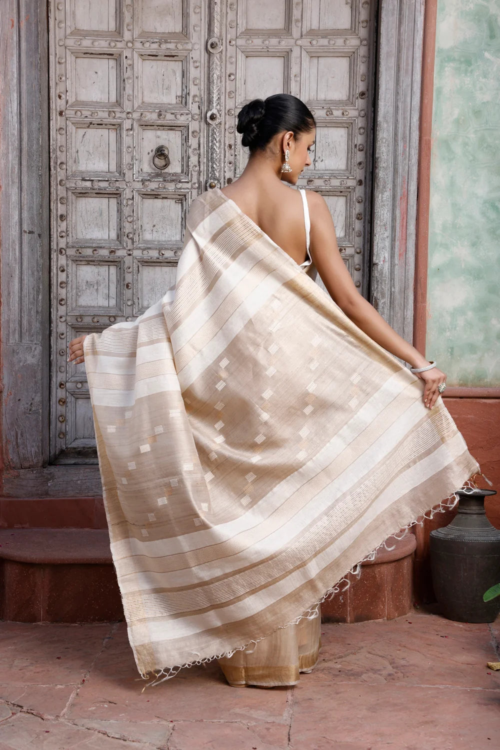 Handloom Beige Pure Silk Saree with Gold Border & White Pallu