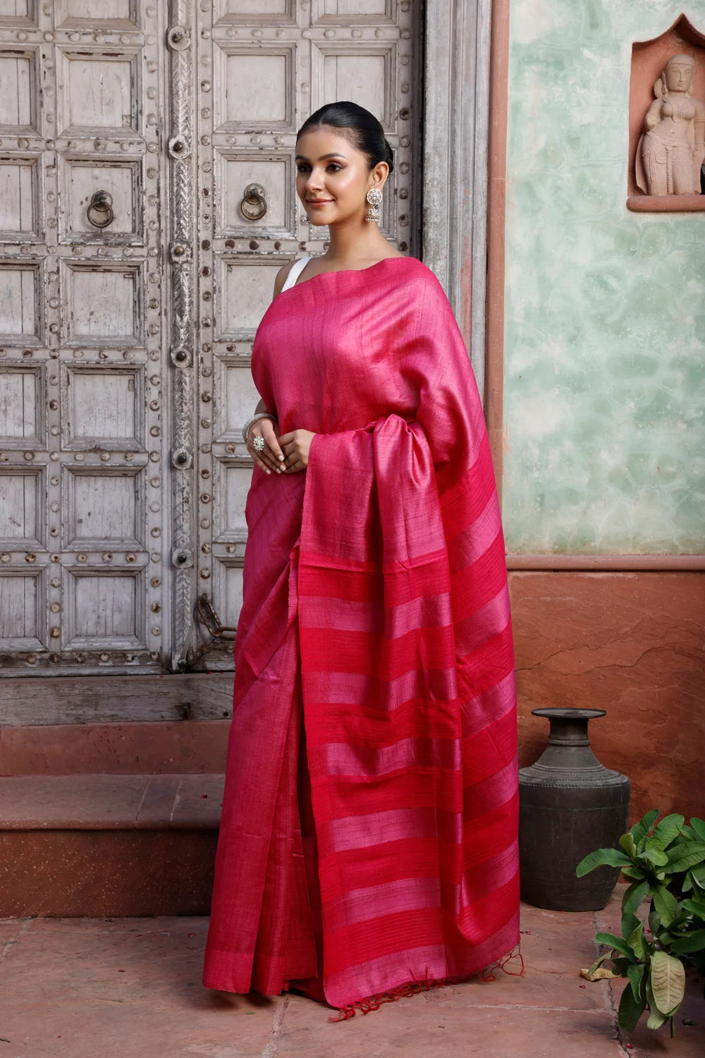 Pink Handloom Tussar Silk Saree With Pink Stripes Border
