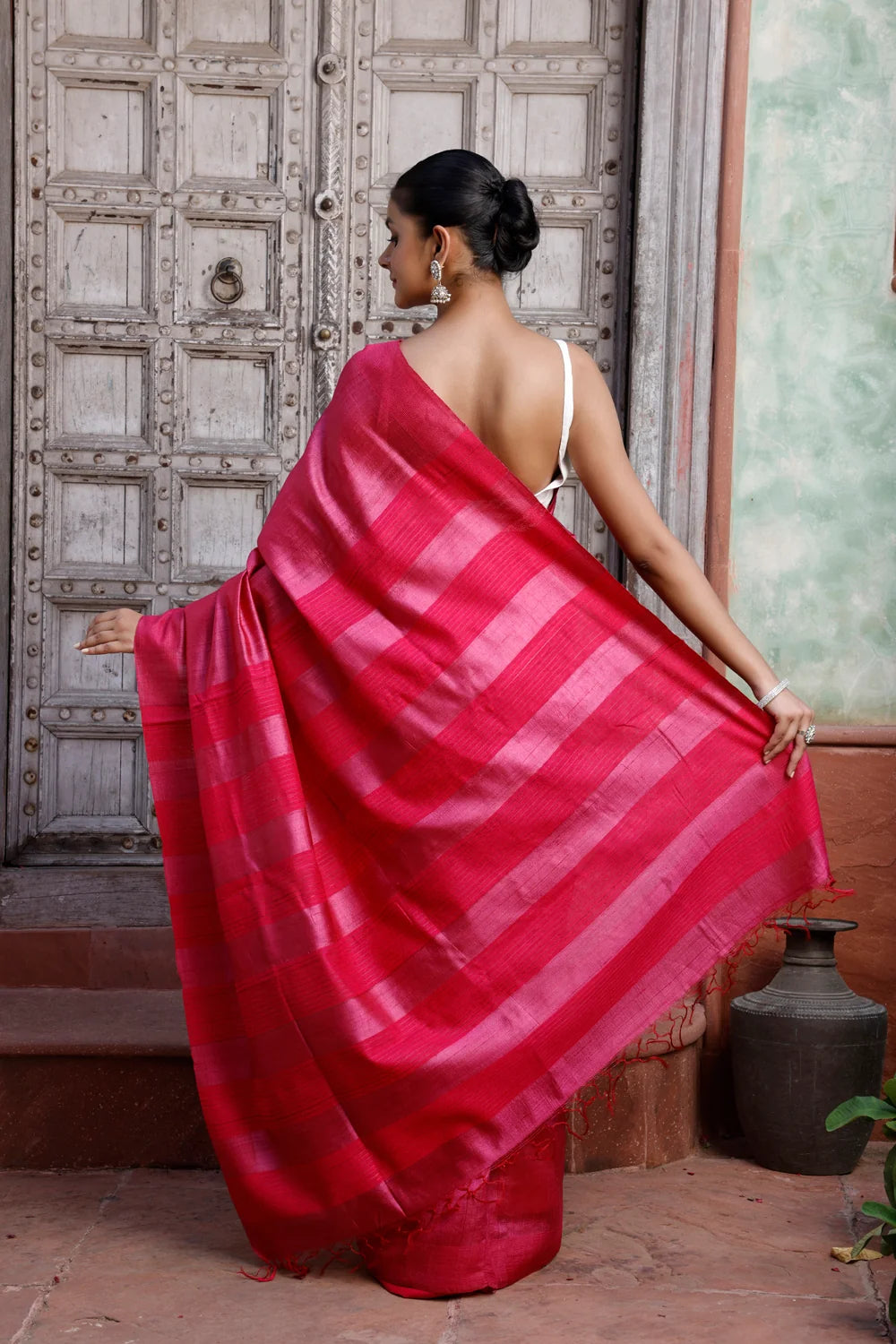 Pink Handloom Tussar Silk Saree With Pink Stripes Border