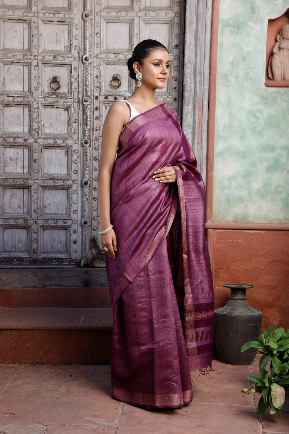 Handloom Wine Pure Silk Saree with Gold Border-Sutra Art of Clothing