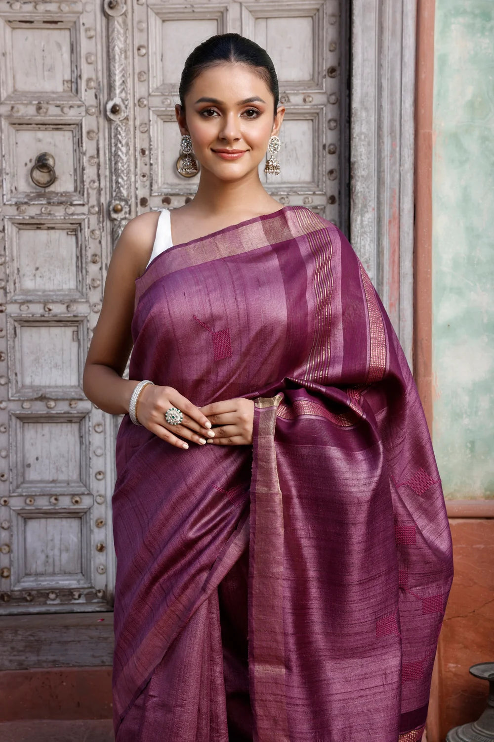 Handloom Wine Pure Silk Saree with Gold Border-Sutra Art of Clothing